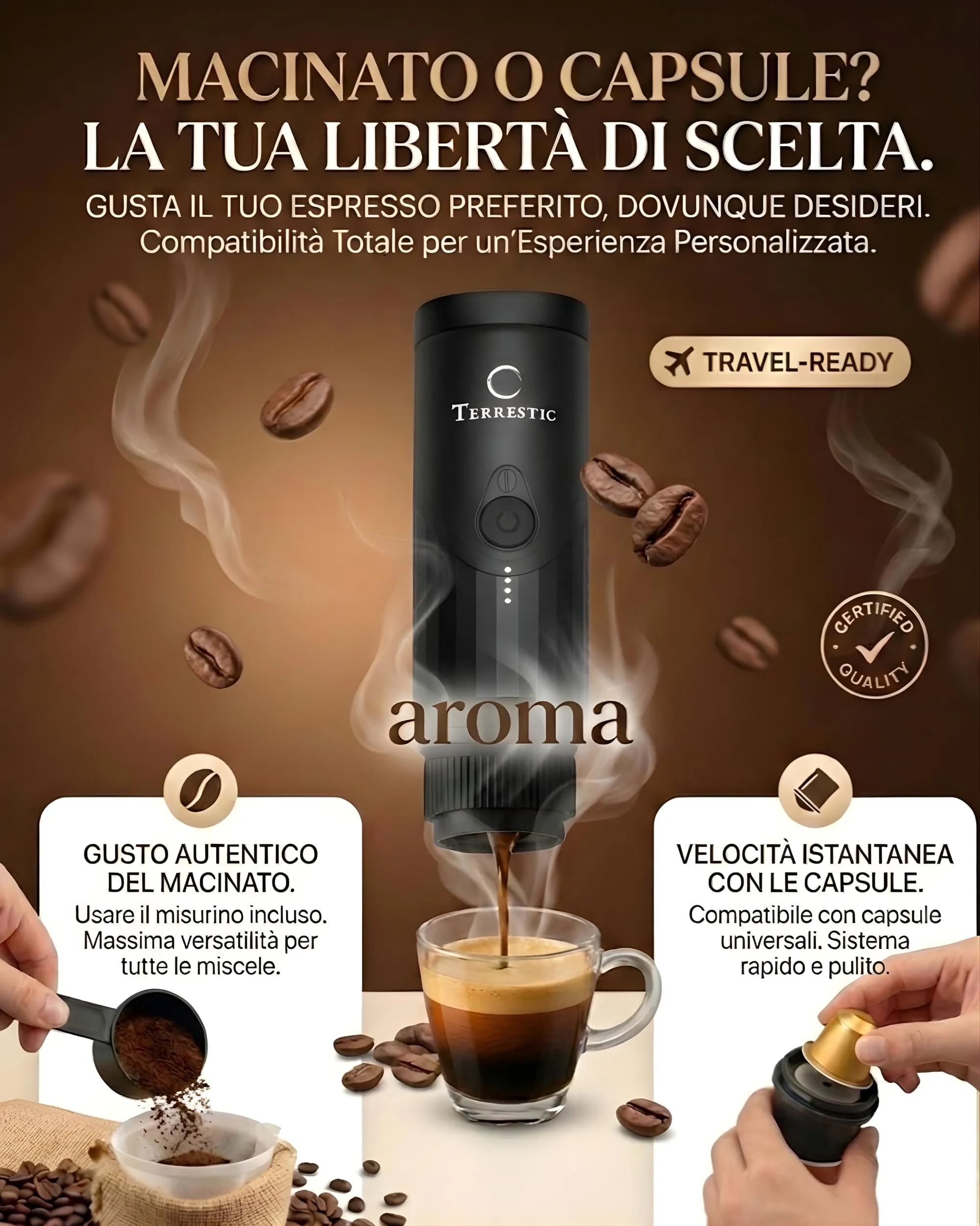 Terrestic Macchina Caffe Portatile 80 Ml, Caffettiera Portatile, Macchinetta Caffè da Viaggio Ricaricabile USB, Compatibile con Polvere e Capsule Nespresso con Custodia Rigida - immagine 4
