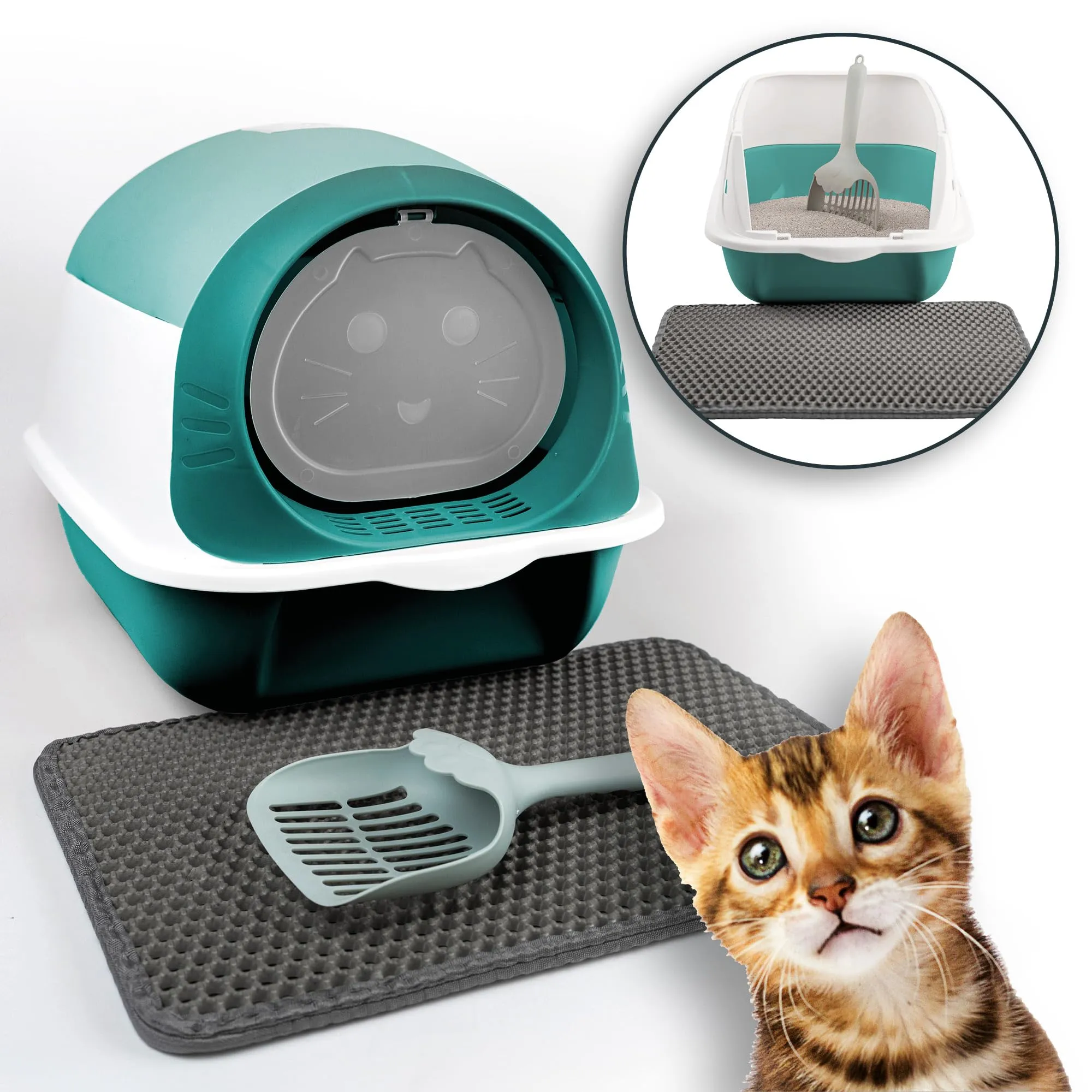 LINUMA® Lettiera per gatti con coperchio rimovibile - Paletta e filtro ai carboni attivi - Lettiera chiusa con bordo alto (verde) - immagine 1