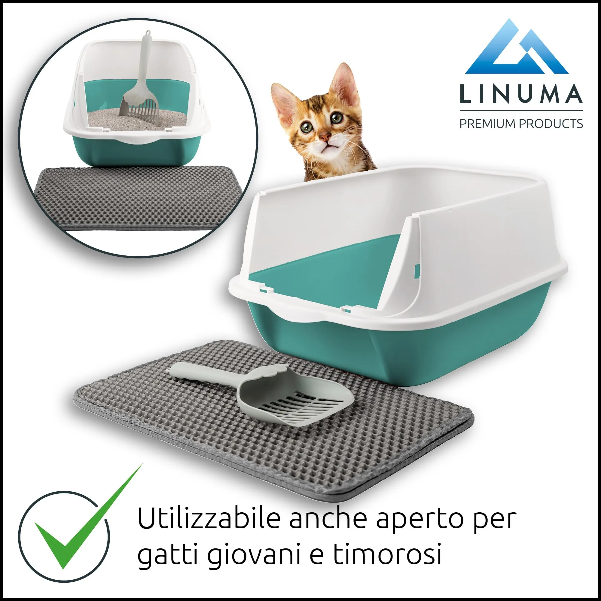 LINUMA® Lettiera per gatti con coperchio rimovibile - Paletta e filtro ai carboni attivi - Lettiera chiusa con bordo alto (verde) - immagine 3