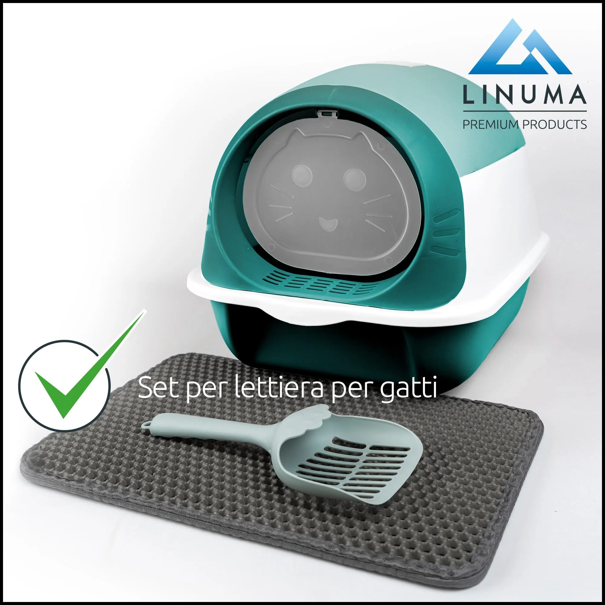 LINUMA® Lettiera per gatti con coperchio rimovibile - Paletta e filtro ai carboni attivi - Lettiera chiusa con bordo alto (verde) - immagine 4