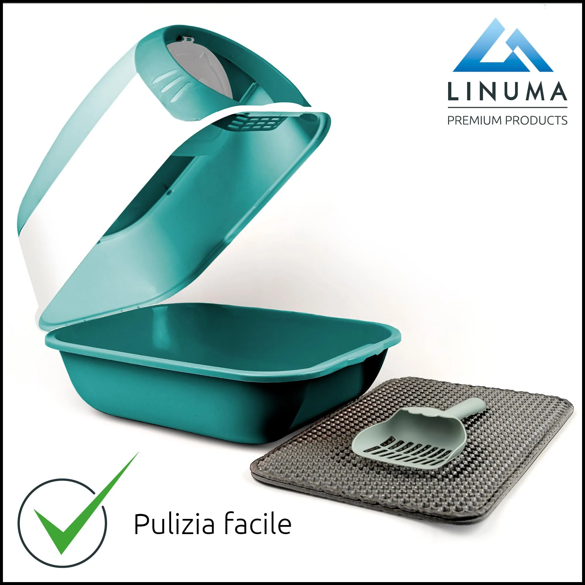 LINUMA® Lettiera per gatti con coperchio rimovibile - Paletta e filtro ai carboni attivi - Lettiera chiusa con bordo alto (verde) - immagine 5