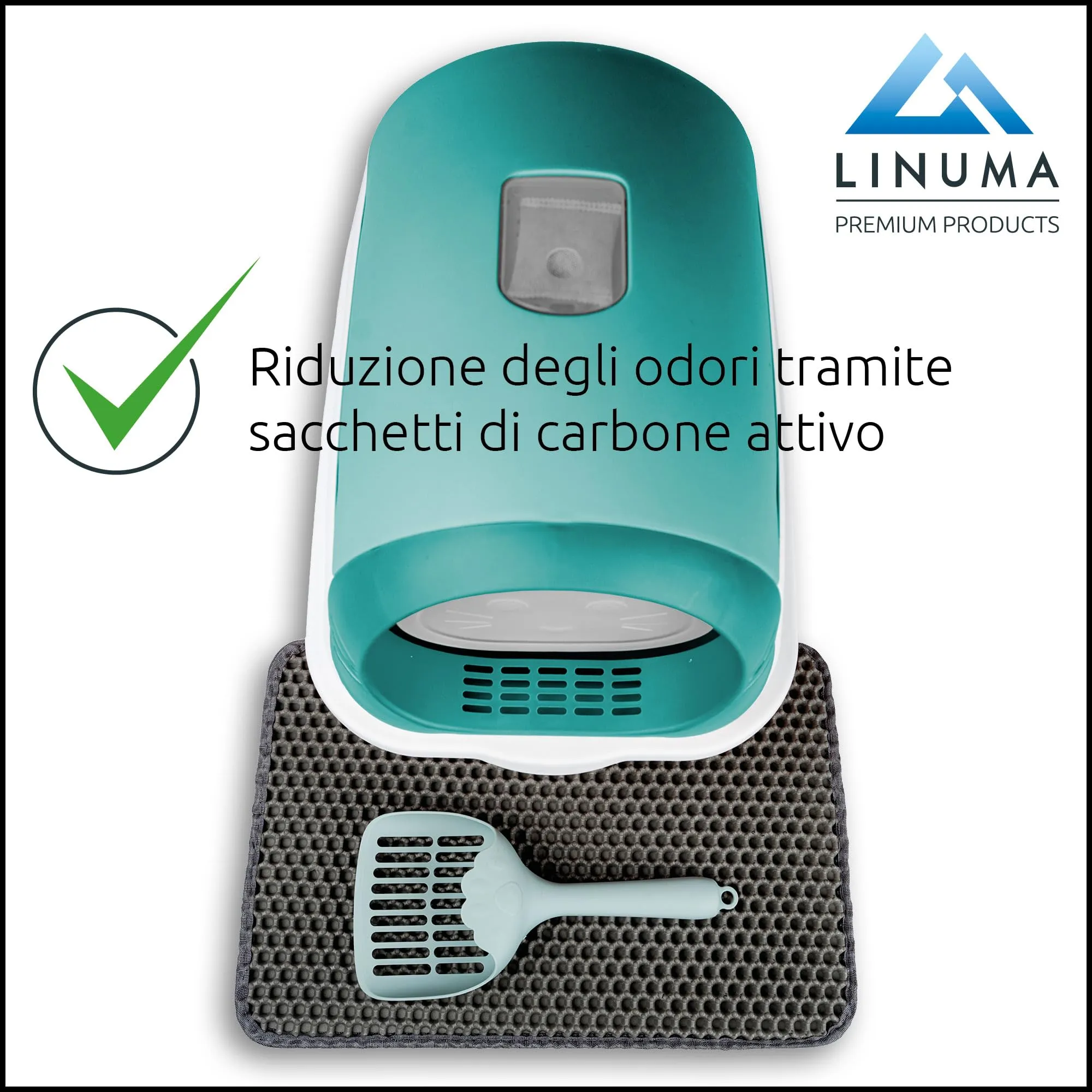 LINUMA® Lettiera per gatti con coperchio rimovibile - Paletta e filtro ai carboni attivi - Lettiera chiusa con bordo alto (verde) - immagine 7