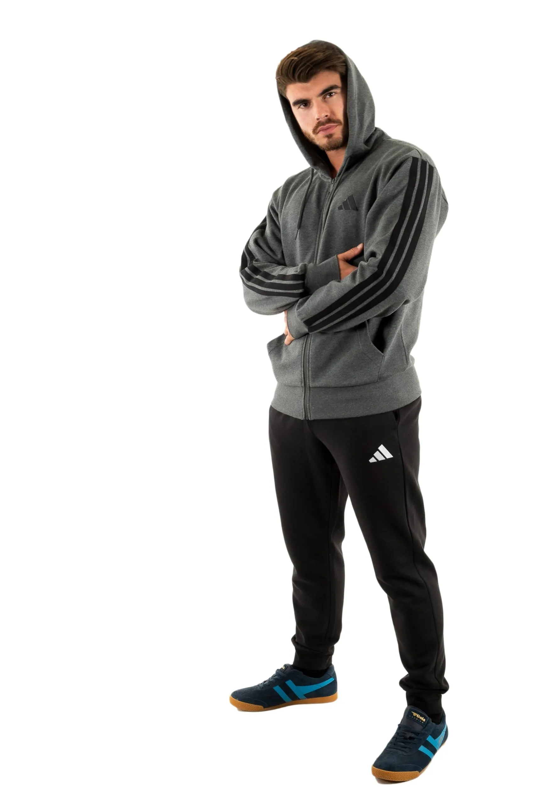 adidas Uomo Essential Three Stripes Fleece Zipper Hoodie Sweatshirt, Dark Grey Heather/Black, XL - immagine 1