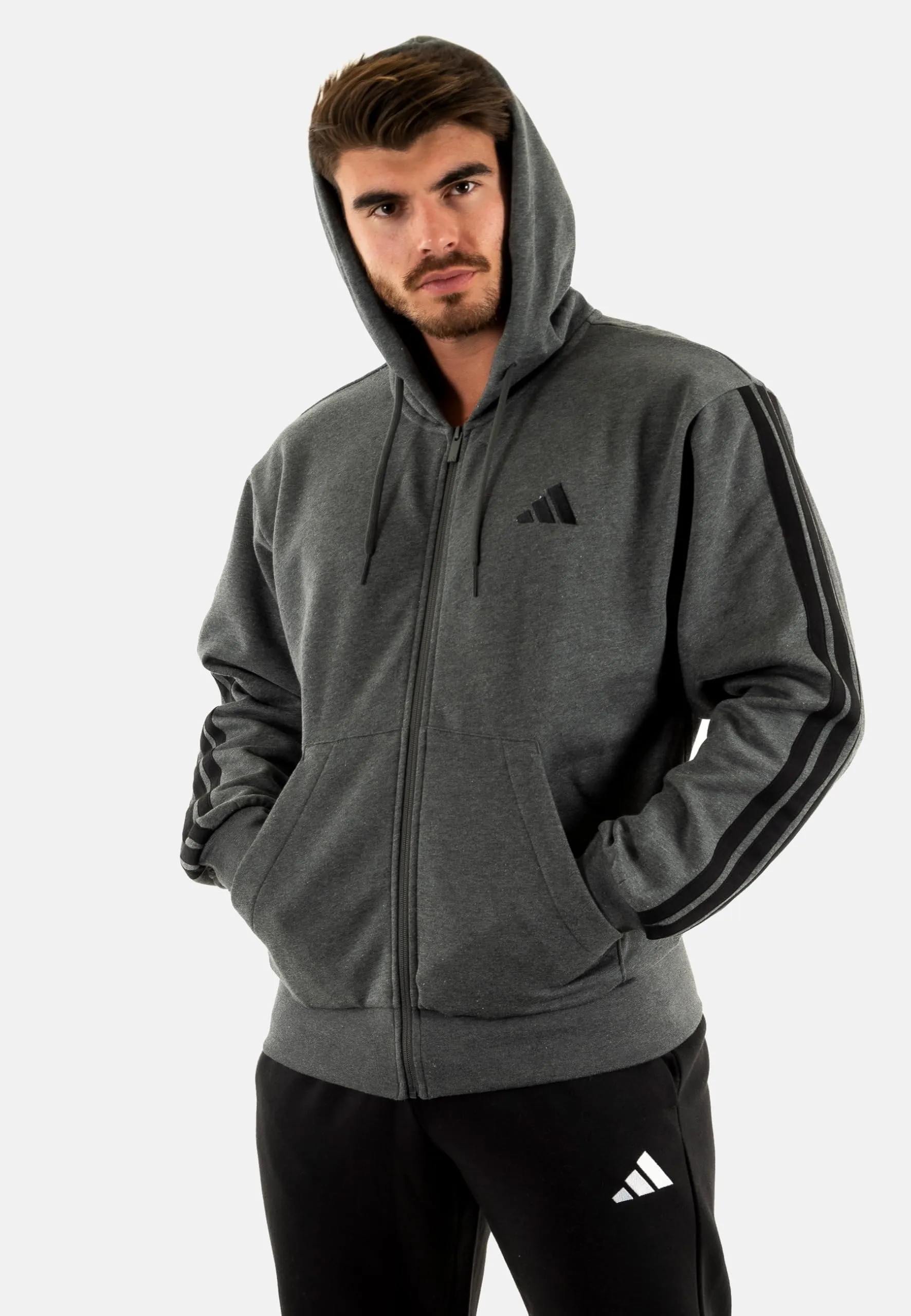 adidas Uomo Essential Three Stripes Fleece Zipper Hoodie Sweatshirt, Dark Grey Heather/Black, M - immagine 2
