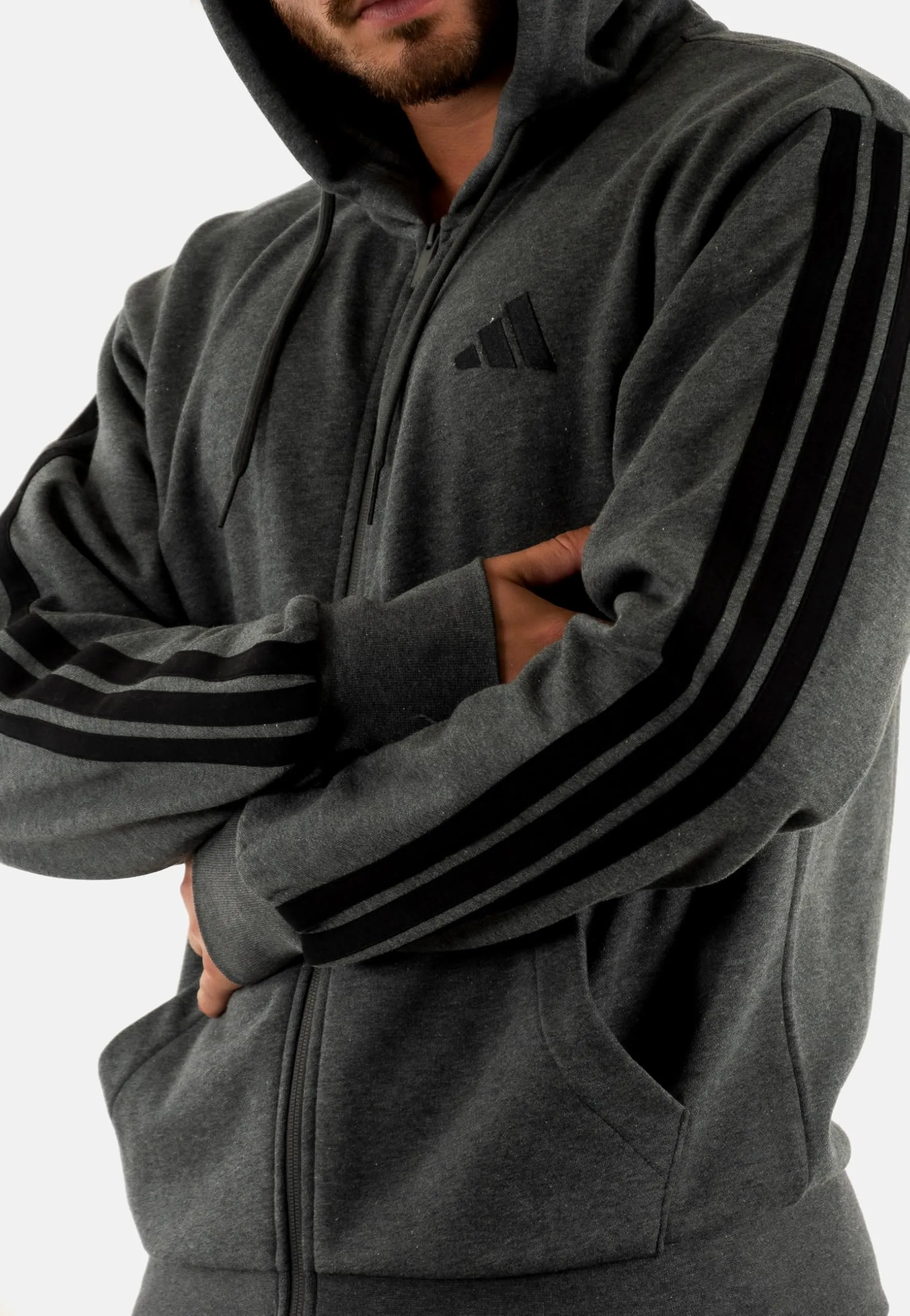 adidas Uomo Essential Three Stripes Fleece Zipper Hoodie Sweatshirt, Dark Grey Heather/Black, S - immagine 3
