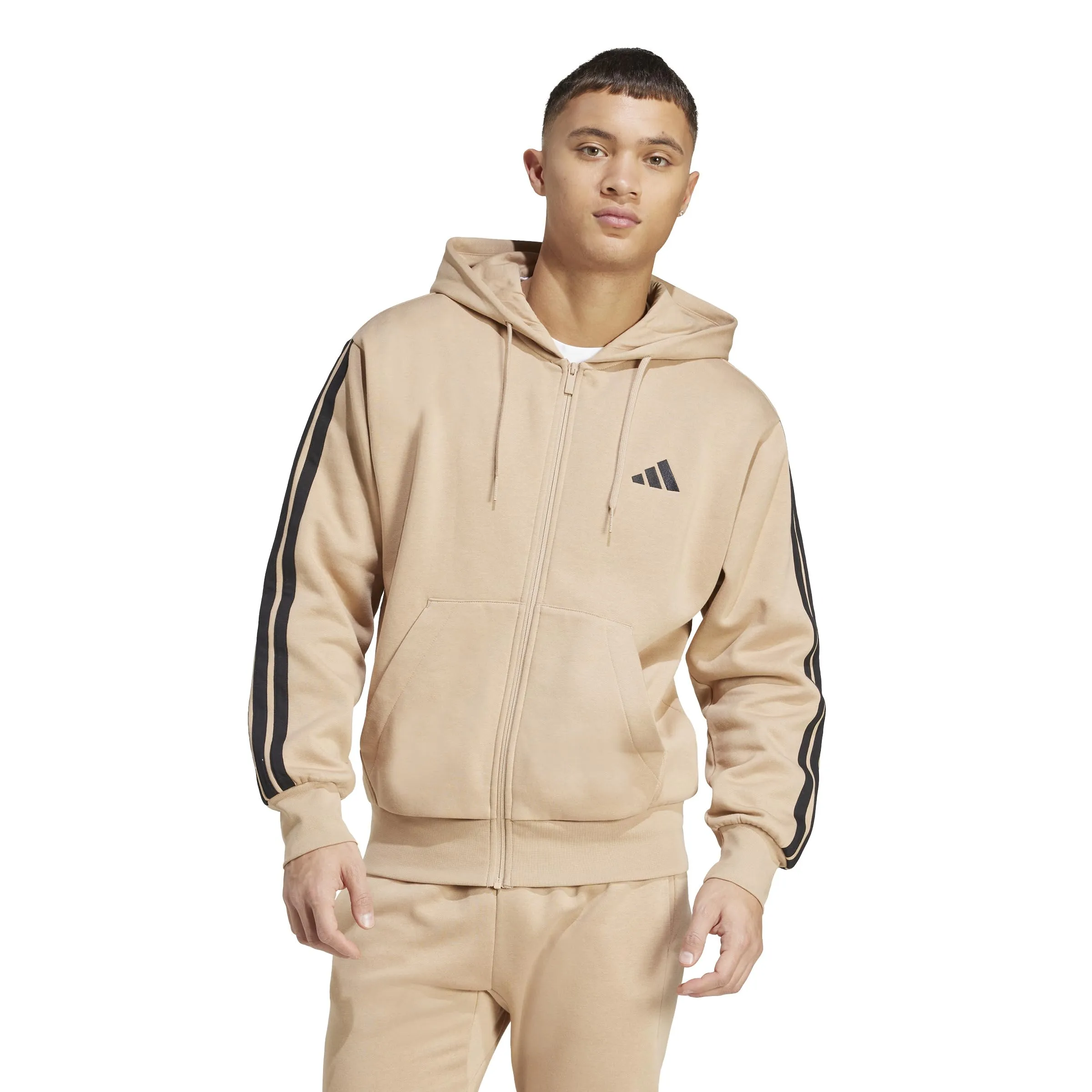 Adidas Uomo Essential Three Stripes Fleece Zipper Hoodie, Warm Sandstone/Black, M - immagine 3