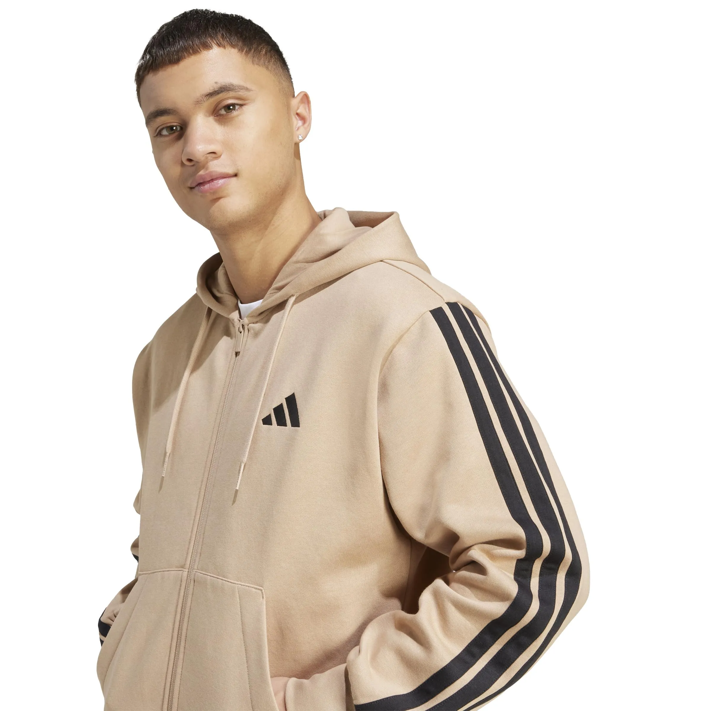 Adidas Uomo Essential Three Stripes Fleece Zipper Hoodie, Warm Sandstone/Black, XS - immagine 4