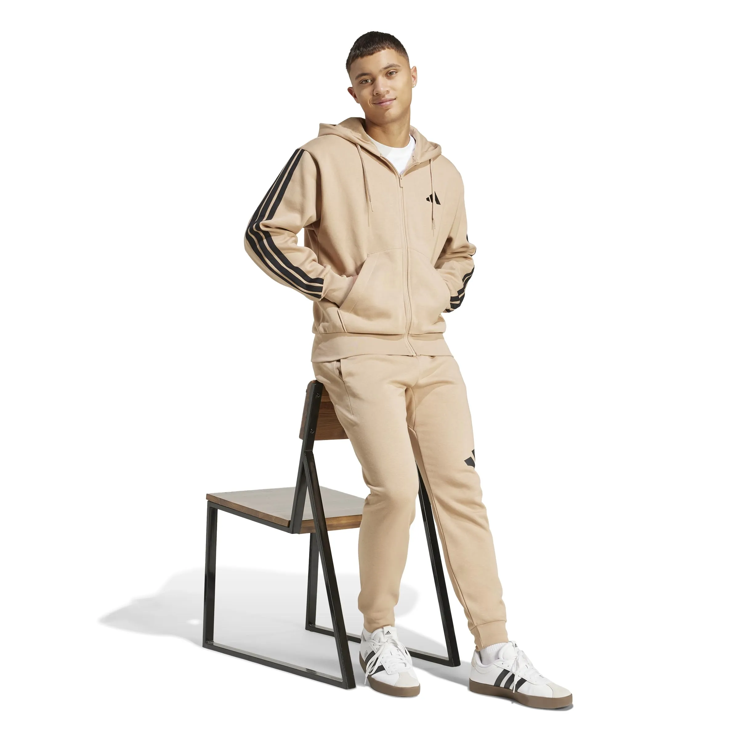 Adidas Uomo Essential Three Stripes Fleece Zipper Hoodie, Warm Sandstone/Black, XS - immagine 6