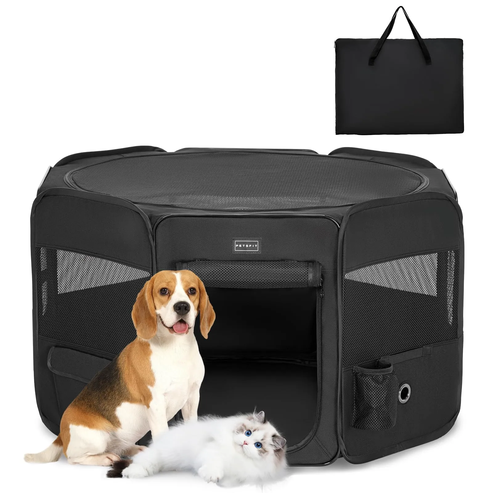PETSFIT Recinto per Cani e Gatti pieghevole e Portatile, Box per Animali con Pavimento impermeabile in Tessuto, Nero, 92 * 84 * 53CM - immagine 1