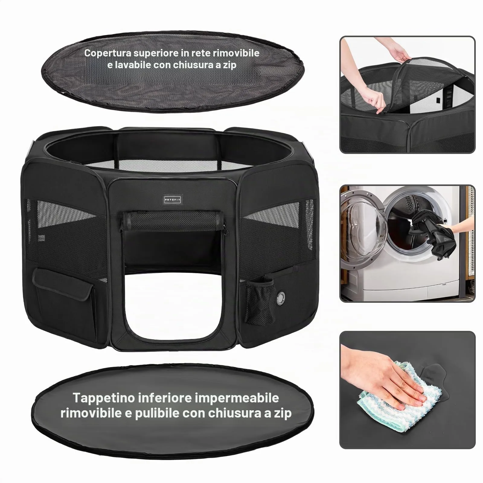 PETSFIT Recinto per Cani e Gatti pieghevole e Portatile, Box per Animali con Pavimento impermeabile in Tessuto, Nero, 92 * 84 * 53CM - immagine 2