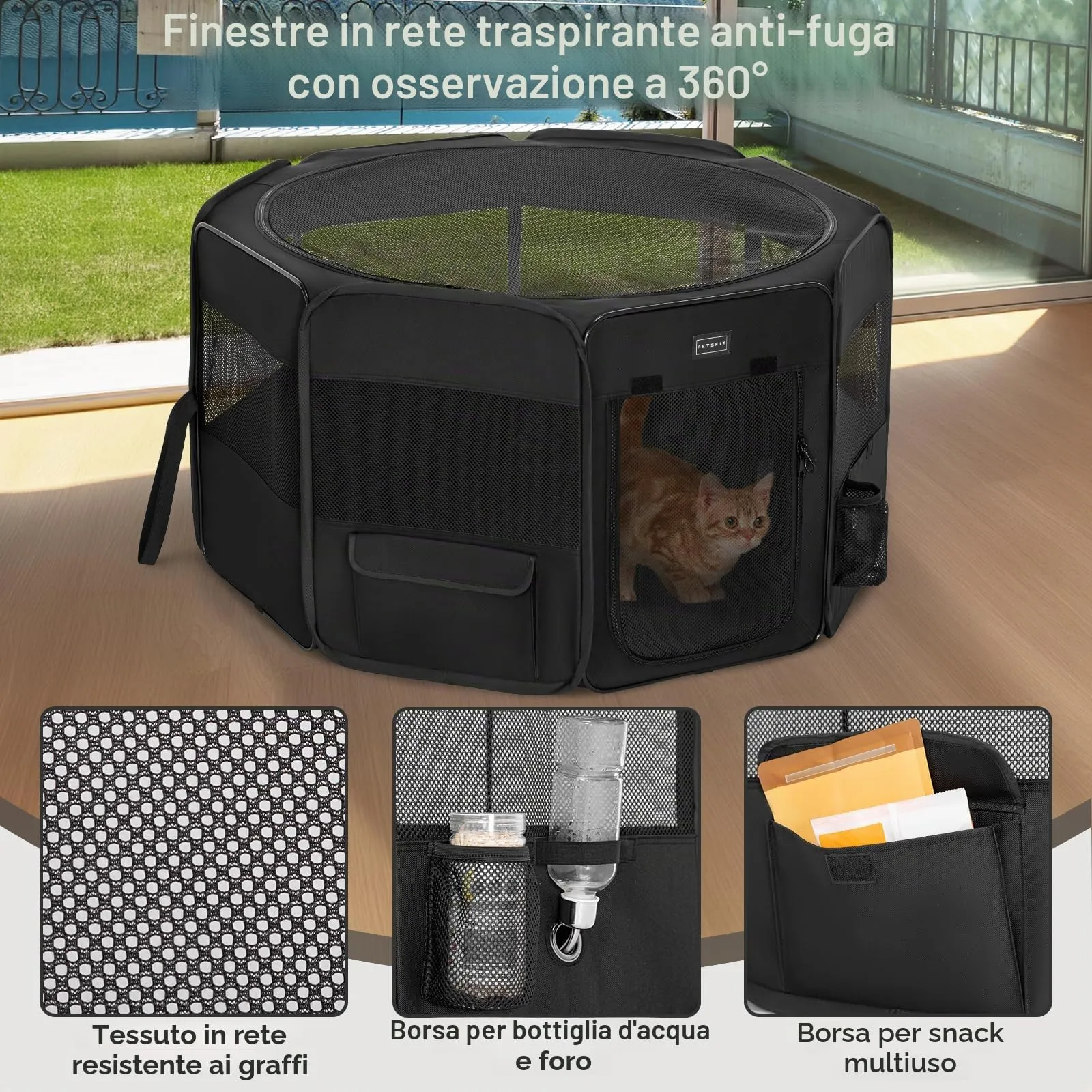 PETSFIT Recinto per Cani e Gatti pieghevole e Portatile, Box per Animali con Pavimento impermeabile in Tessuto, Nero, 92 * 84 * 53CM - immagine 3