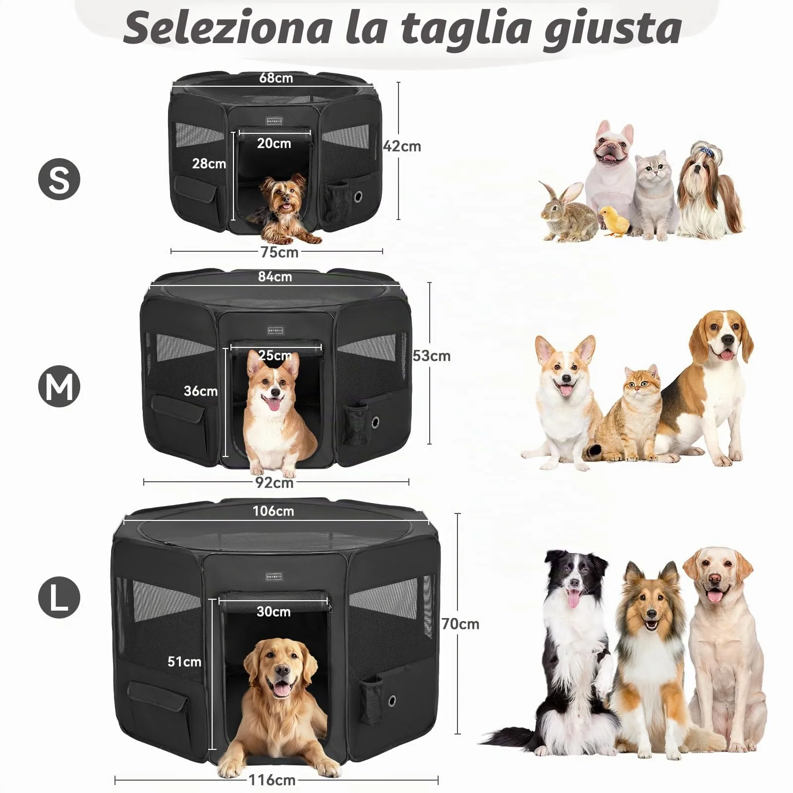 PETSFIT Recinto per Cani e Gatti pieghevole e Portatile, Box per Animali con Pavimento impermeabile in Tessuto, Nero, 92 * 84 * 53CM - immagine 5