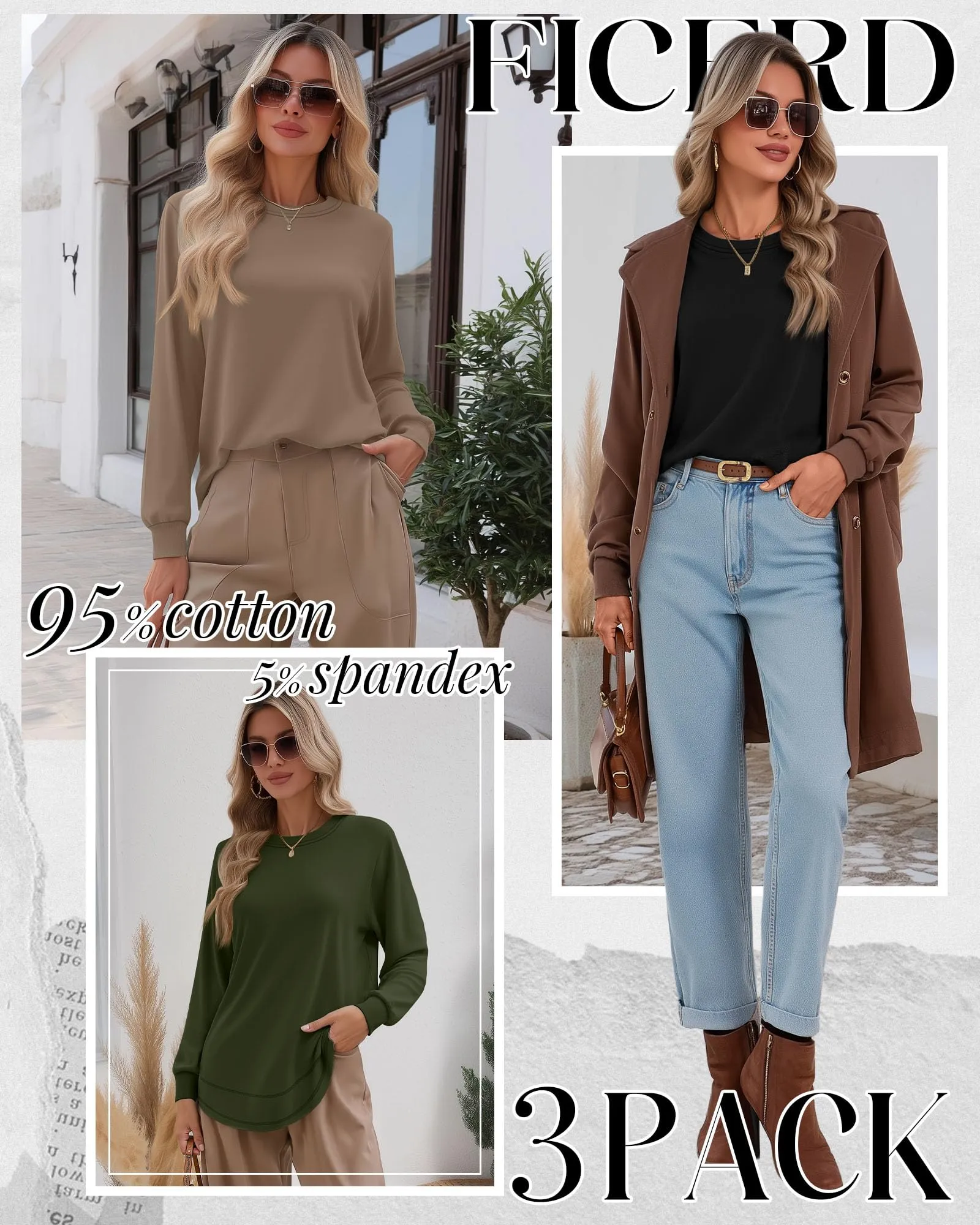 Ficerd Confezione da 3 Magliette Donna a Maniche Lunghe, Tunica Girocollo Cotone, vestibilità Ampia e Casual, Orlo Curvo(Nero, Verde Militare, caffè,XXL) - immagine 2