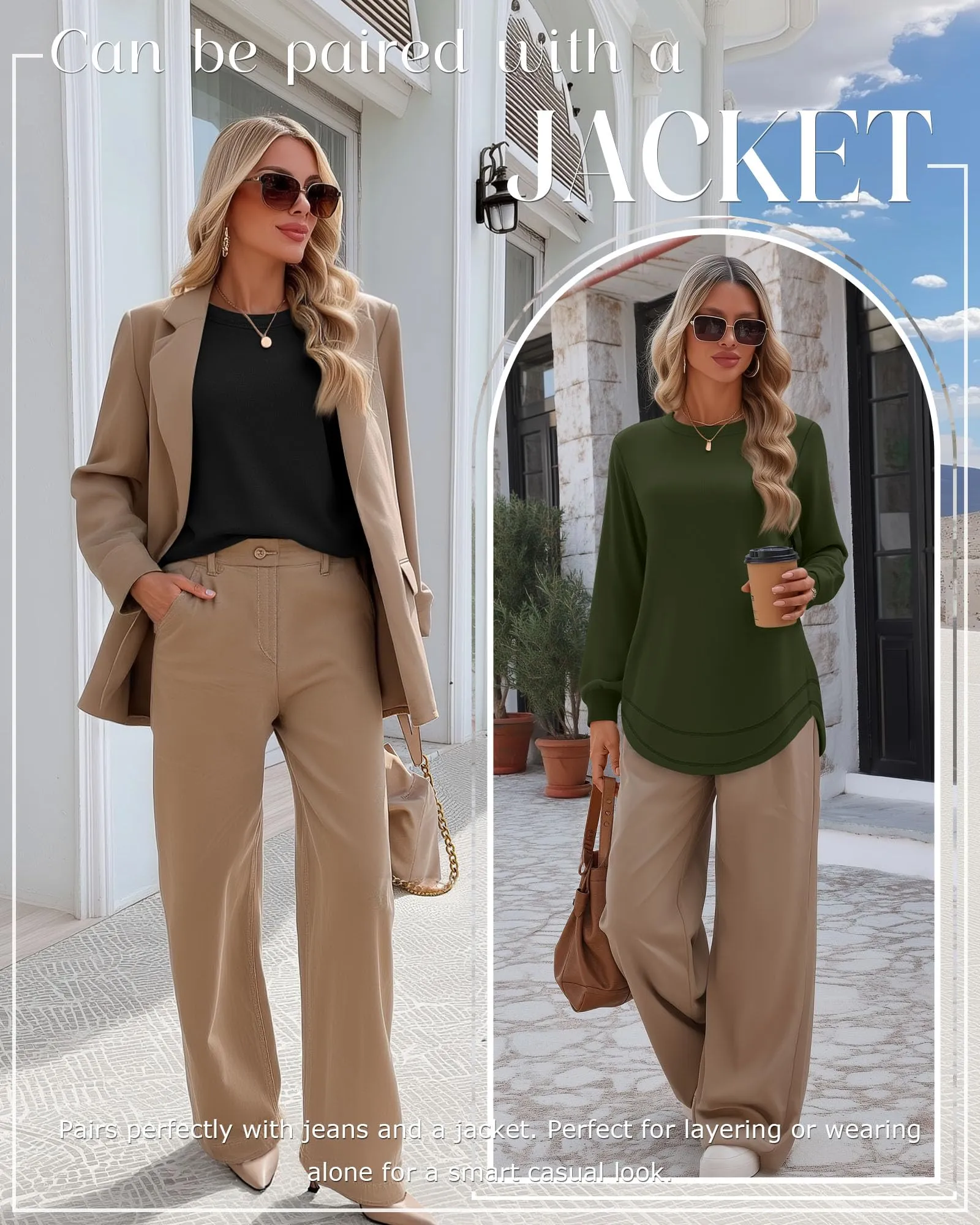 Ficerd Confezione da 3 Magliette Donna a Maniche Lunghe, Tunica Girocollo Cotone, vestibilità Ampia e Casual, Orlo Curvo(Nero, Verde Militare, caffè,XXL) - immagine 3