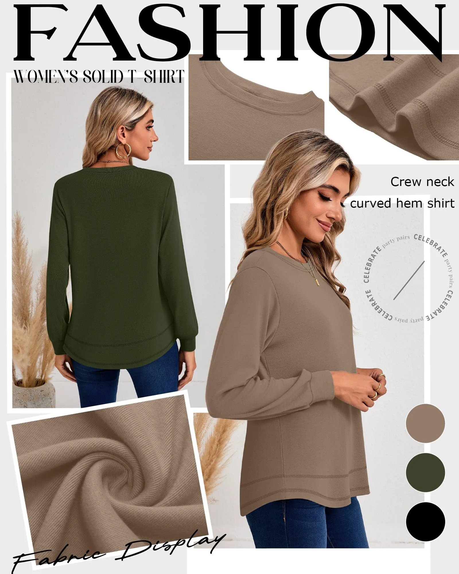 Ficerd Confezione da 3 Magliette Donna a Maniche Lunghe, Tunica Girocollo Cotone, vestibilità Ampia e Casual, Orlo Curvo(Nero, Verde Militare, caffè,XXL) - immagine 4