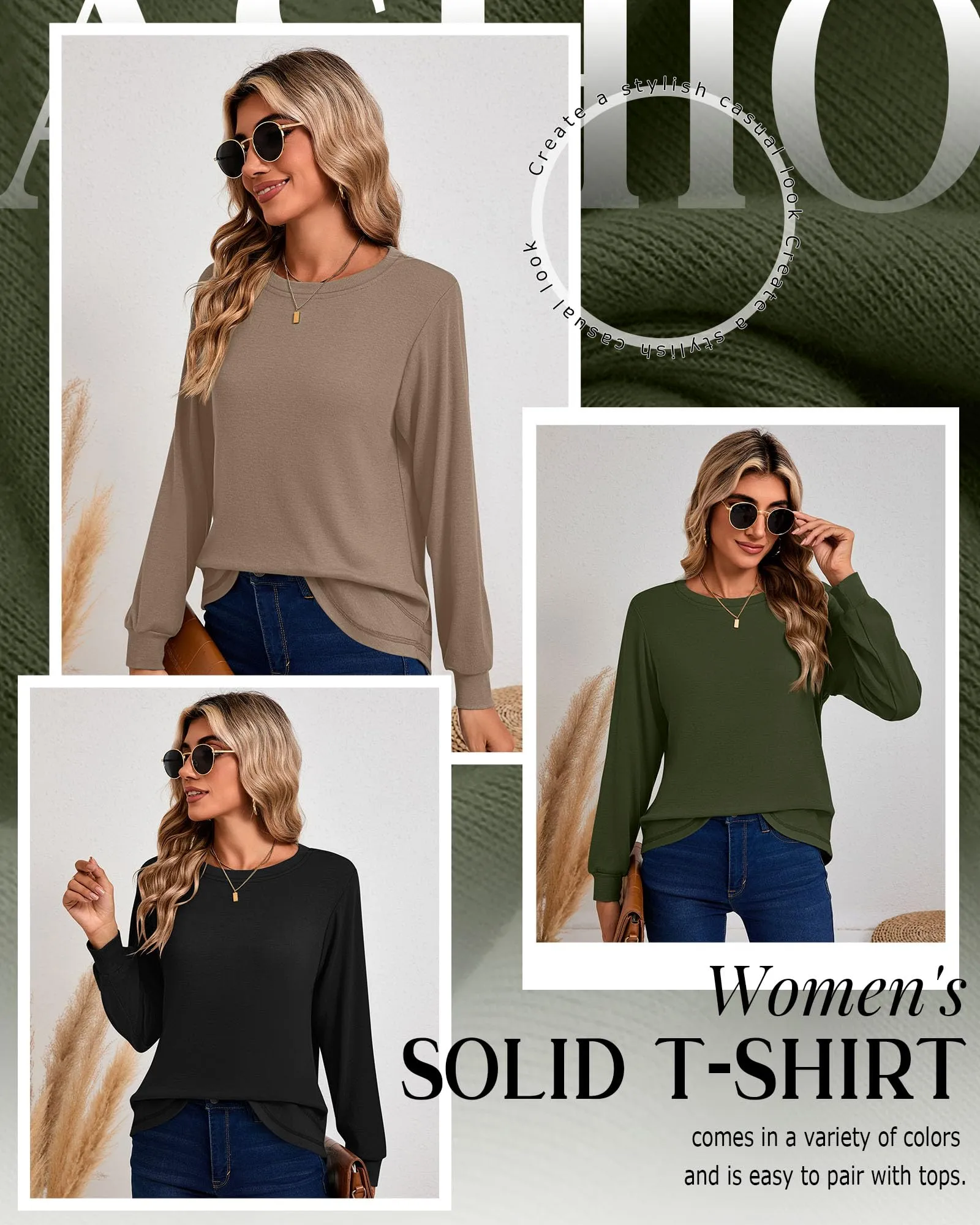 Ficerd Confezione da 3 Magliette Donna a Maniche Lunghe, Tunica Girocollo Cotone, vestibilità Ampia e Casual, Orlo Curvo(Nero, Verde Militare, caffè,XXL) - immagine 5