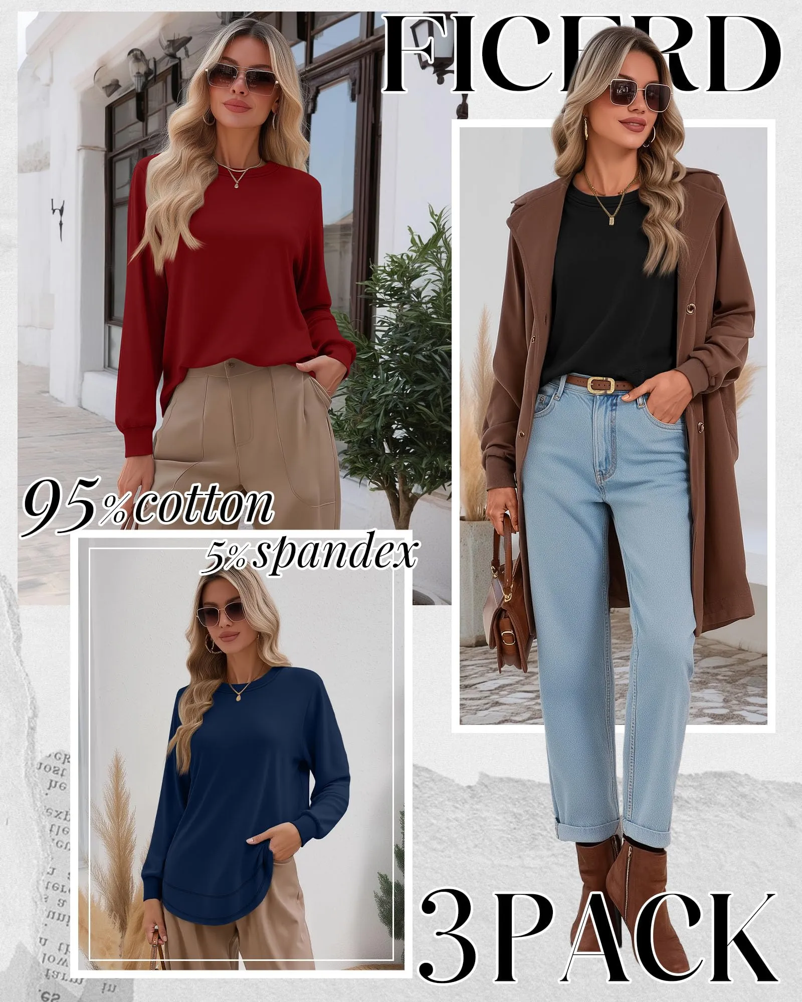 Ficerd Confezione da 3 Magliette Donna a Maniche Lunghe, Tunica Girocollo Cotone, vestibilità Ampia e Casual, Orlo Curvo(Nero, Blu Scuro, Rosso,L) - immagine 2