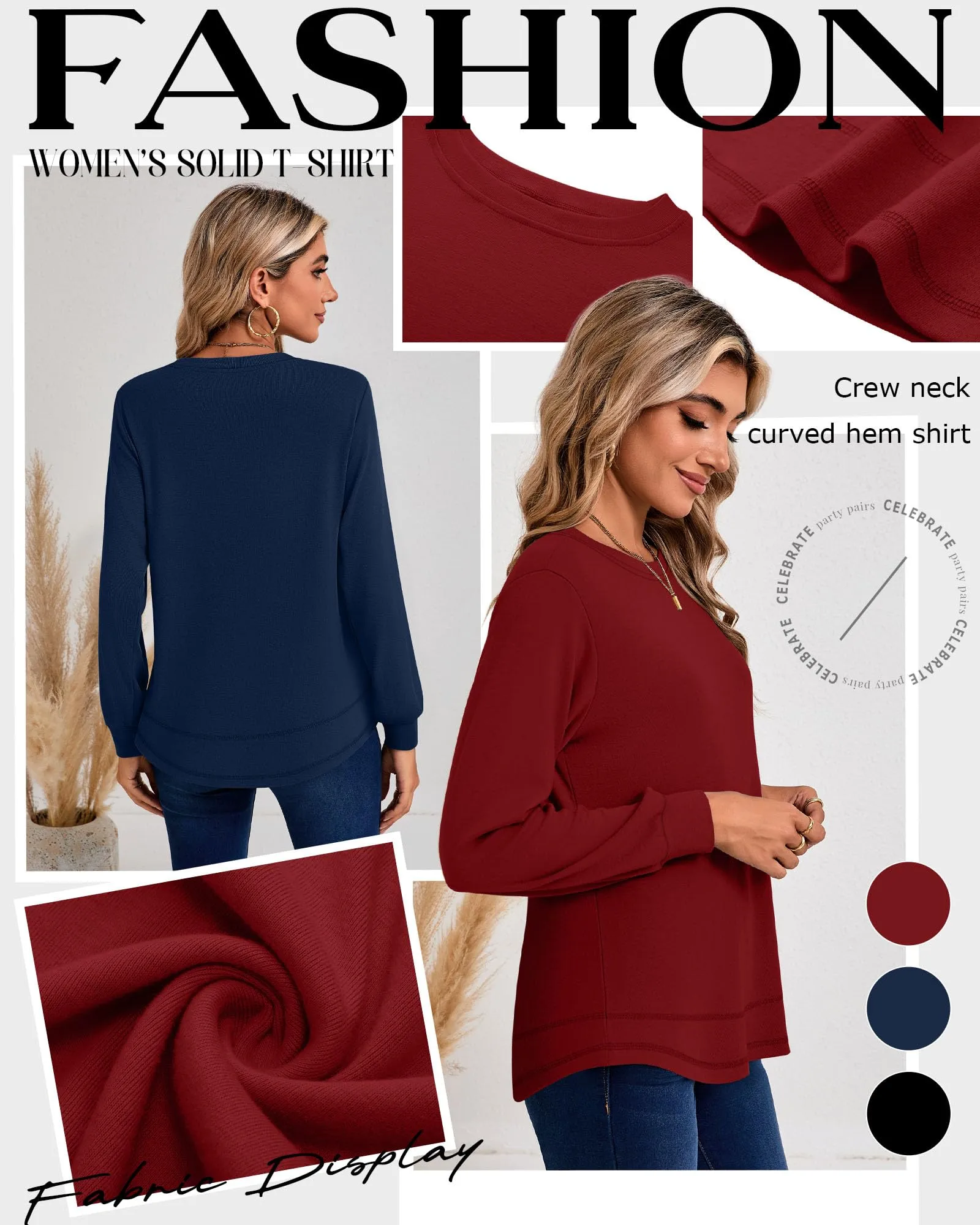Ficerd Confezione da 3 Magliette Donna a Maniche Lunghe, Tunica Girocollo Cotone, vestibilità Ampia e Casual, Orlo Curvo(Nero, Blu Scuro, Rosso,XL) - immagine 4