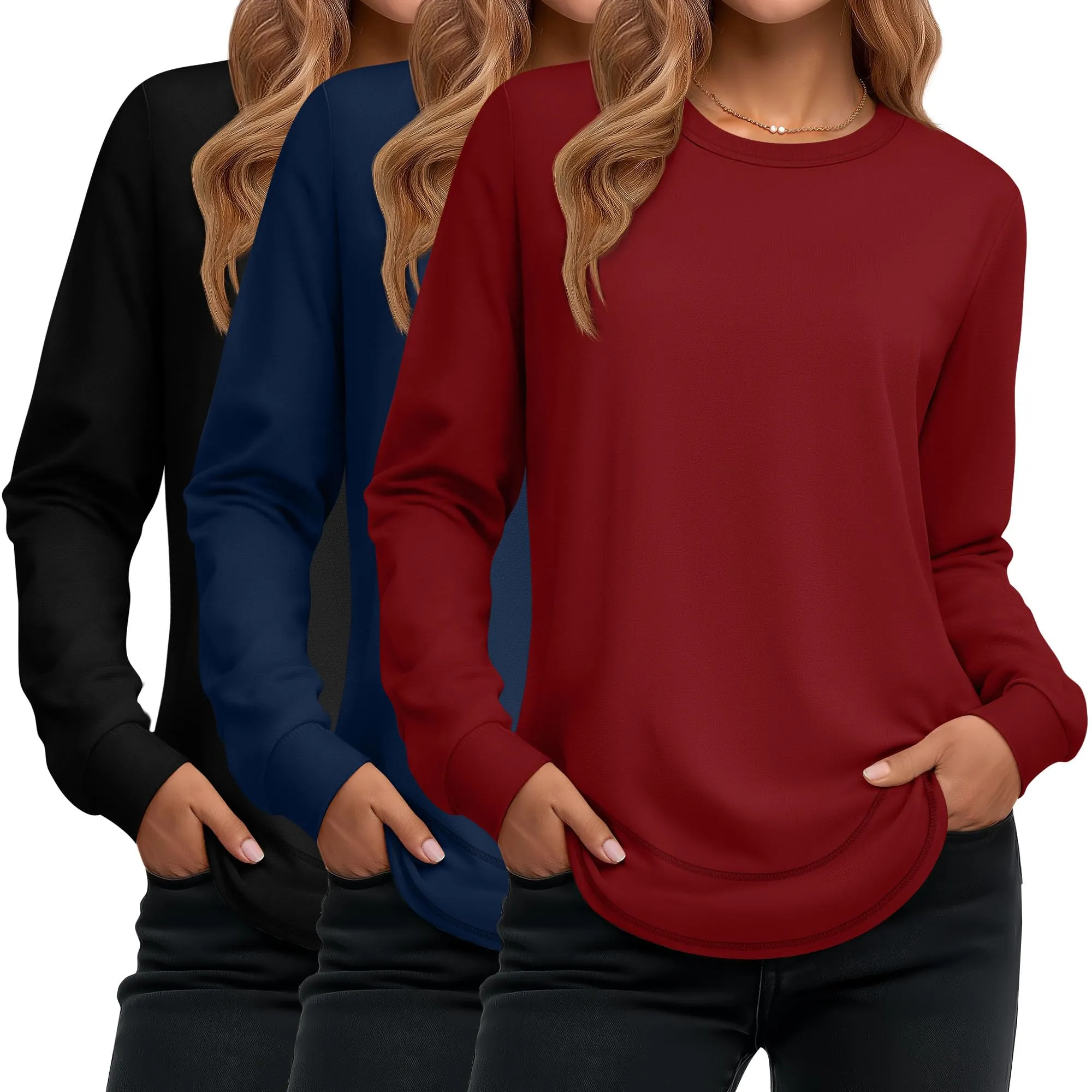 Ficerd Confezione da 3 Magliette Donna a Maniche Lunghe, Tunica Girocollo Cotone, vestibilità Ampia e Casual, Orlo Curvo(Nero, Blu Scuro, Rosso,S) - immagine 1