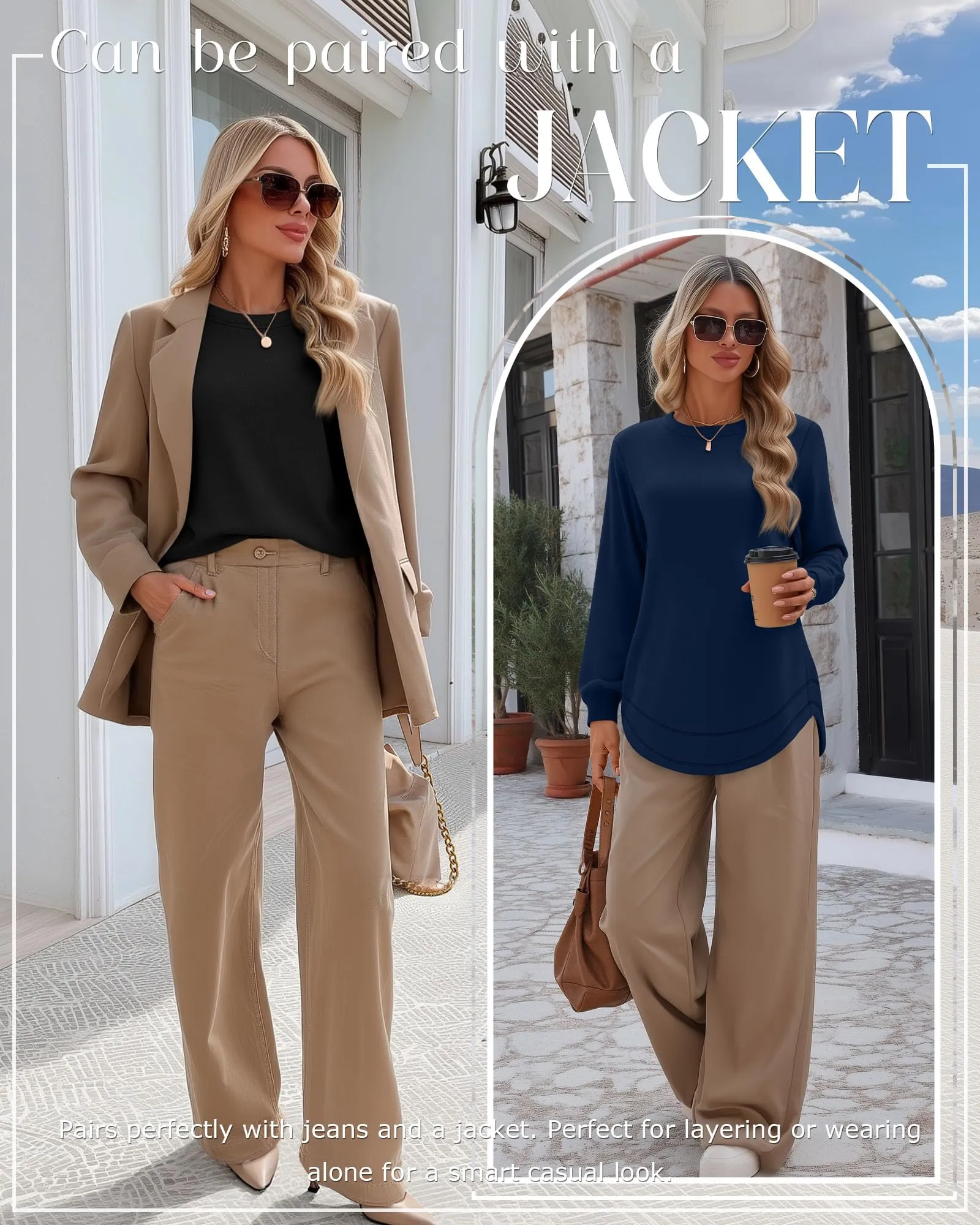 Ficerd Confezione da 3 Magliette Donna a Maniche Lunghe, Tunica Girocollo Cotone, vestibilità Ampia e Casual, Orlo Curvo(Nero, Blu Scuro, Rosso,S) - immagine 3