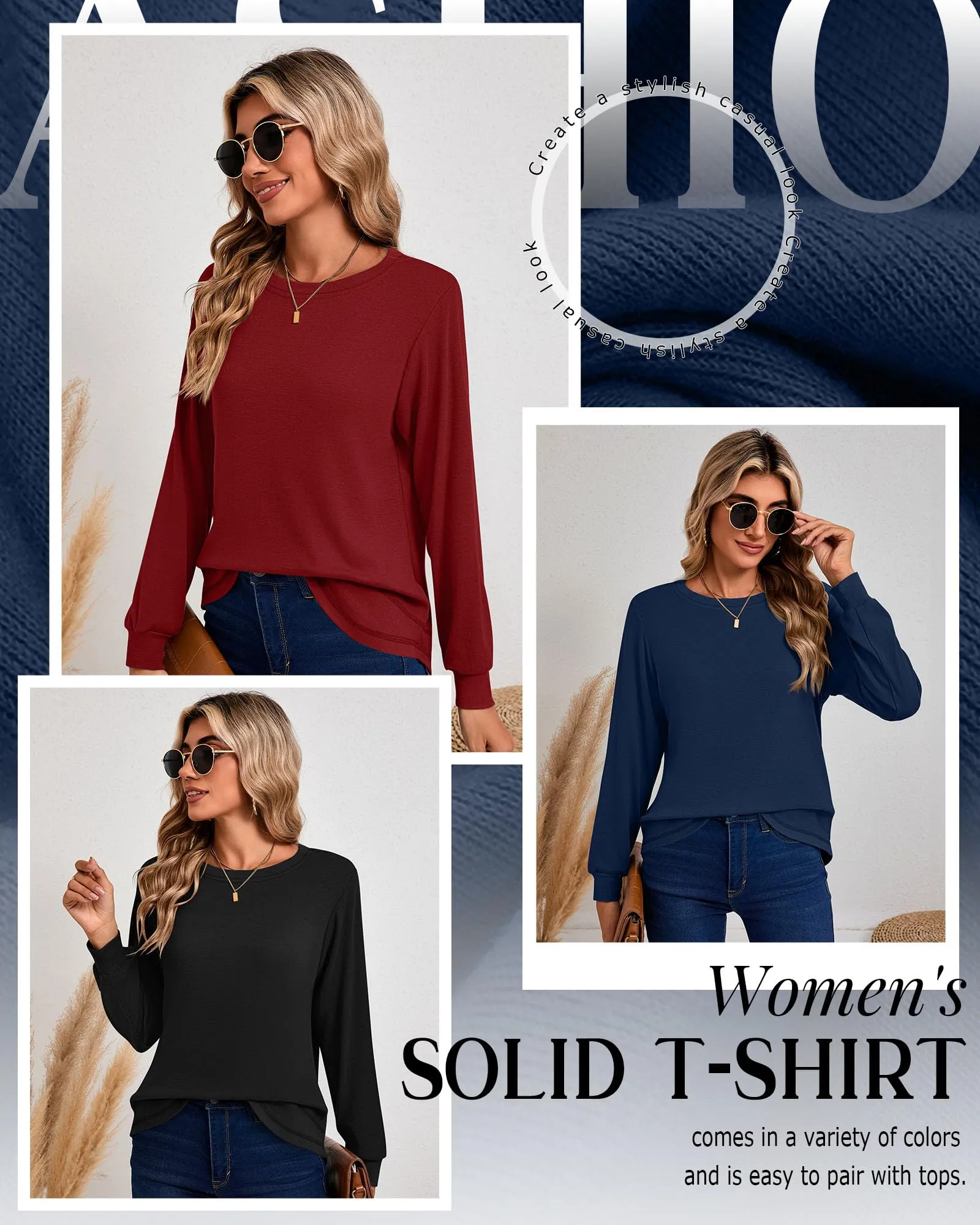 Ficerd Confezione da 3 Magliette Donna a Maniche Lunghe, Tunica Girocollo Cotone, vestibilità Ampia e Casual, Orlo Curvo(Nero, Blu Scuro, Rosso,M) - immagine 5