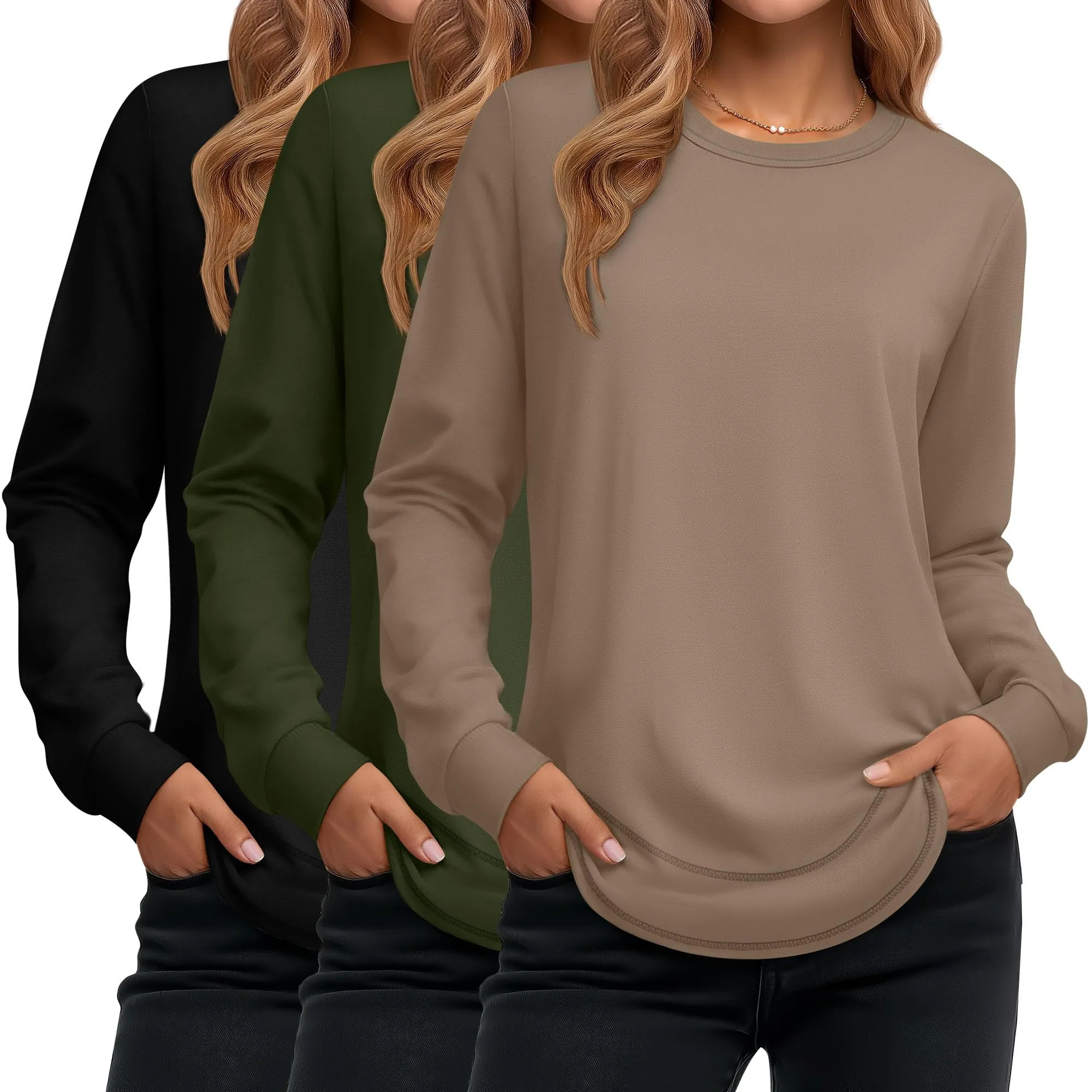 Ficerd Confezione da 3 Magliette Donna a Maniche Lunghe, Tunica Girocollo Cotone, vestibilità Ampia e Casual, Orlo Curvo(Nero, Verde Militare, caffè,M) - immagine 1