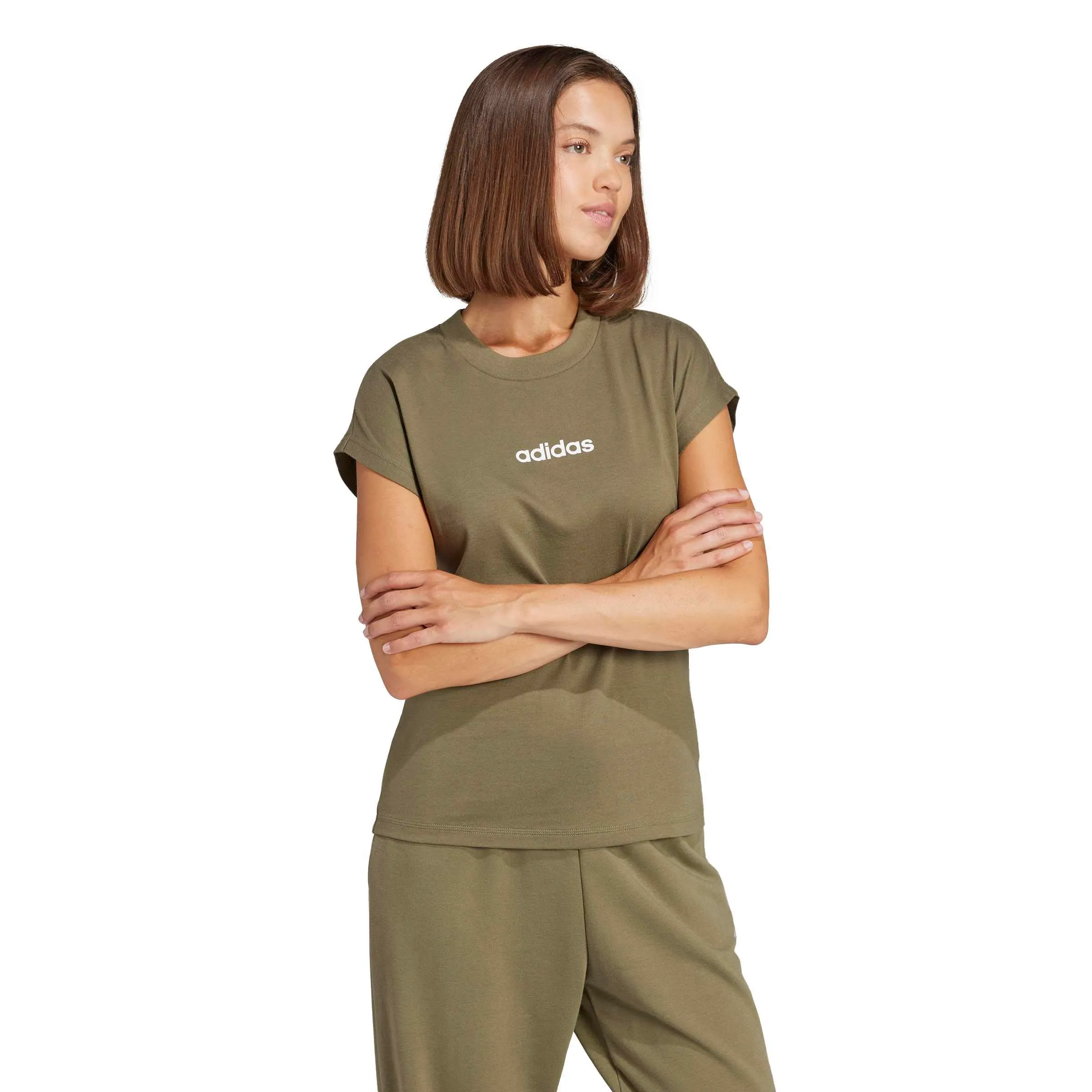 adidas Donna Essentials Linear Cotton Shirt, Olive Strata/White, XS - immagine 6