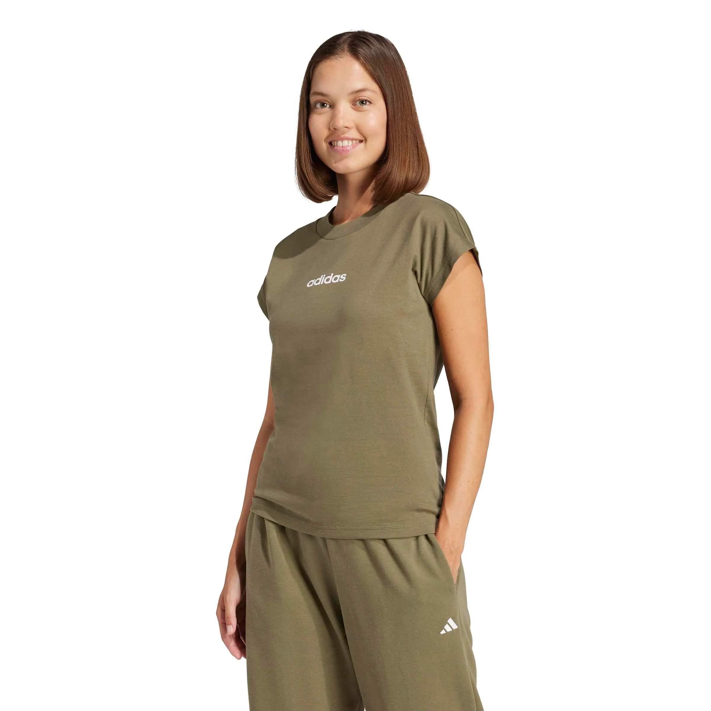 adidas Donna Essentials Linear Cotton Shirt, Olive Strata/White, M - immagine 3