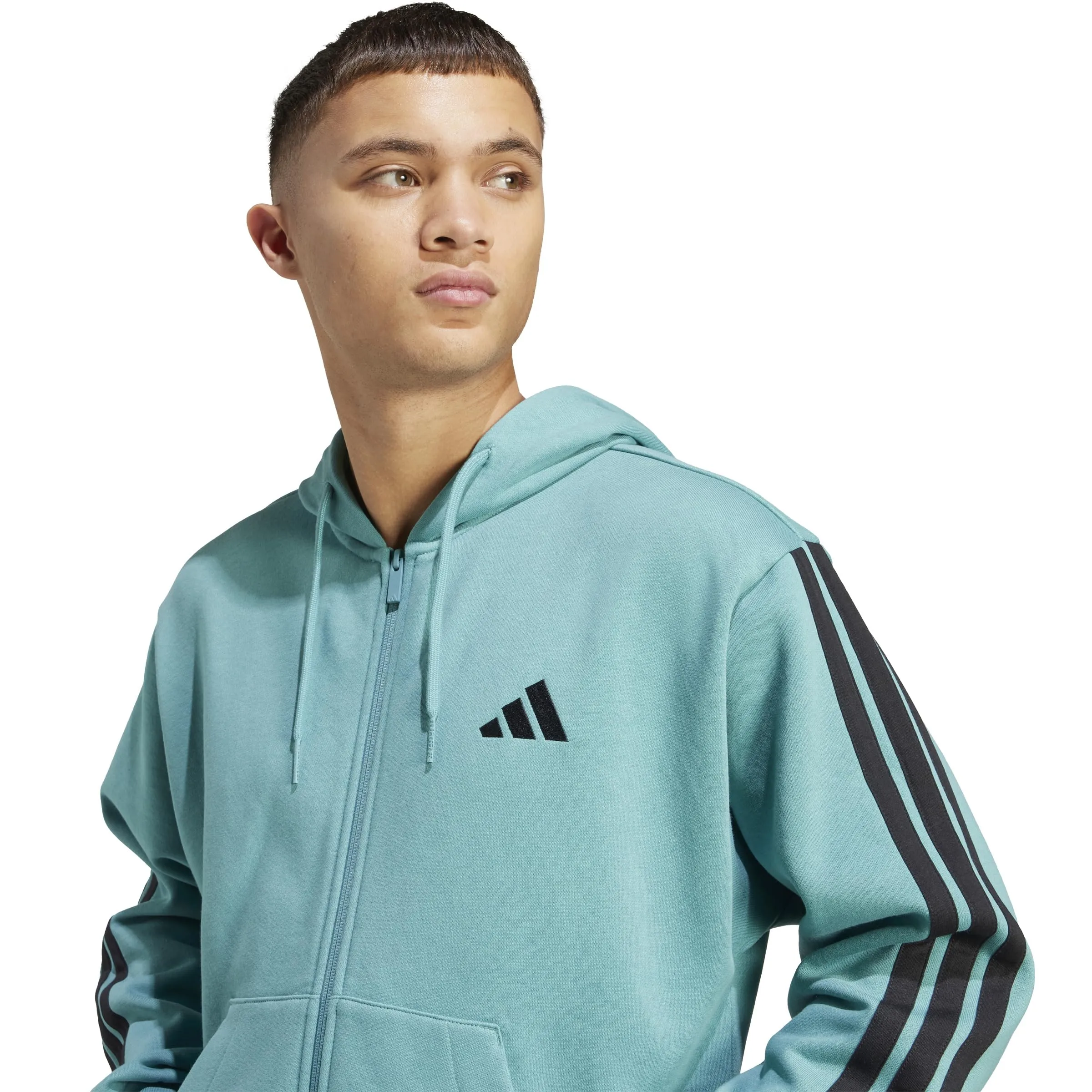 Adidas Uomo Essential Three Stripes Fleece Zipper Hoodie, Powder Teal/Black, M - immagine 4