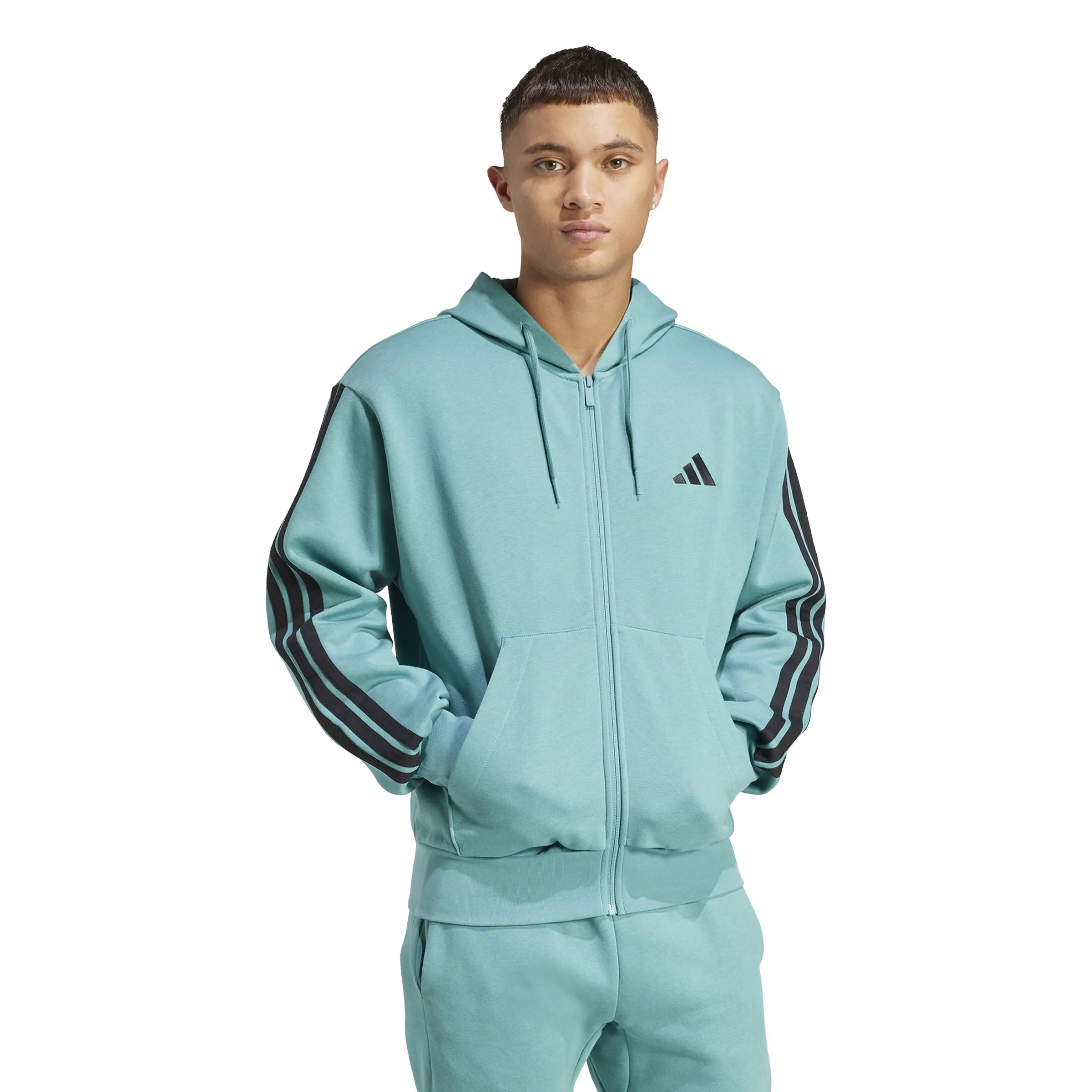 Adidas Uomo Essential Three Stripes Fleece Zipper Hoodie, Powder Teal/Black, M - immagine 6
