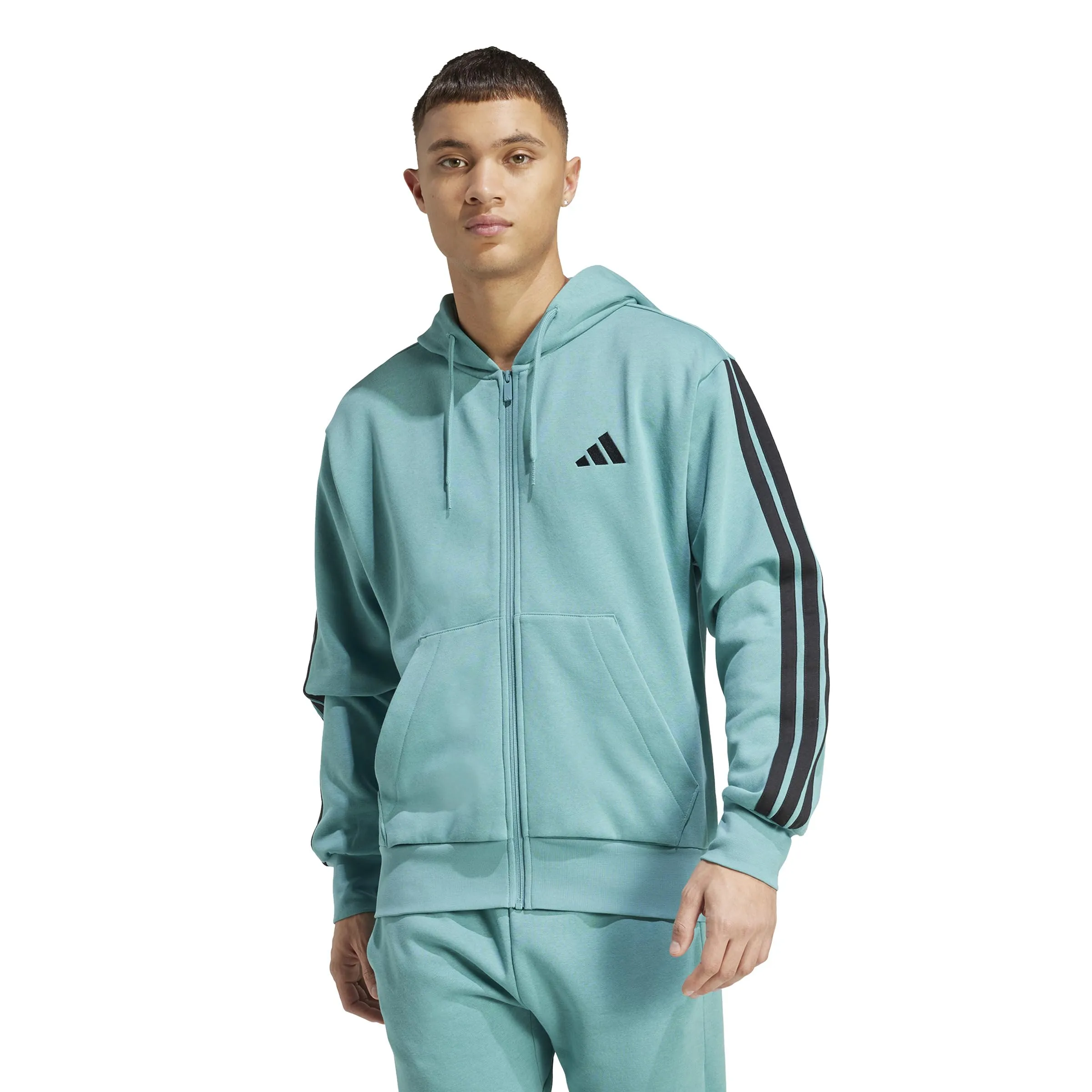 Adidas Uomo Essential Three Stripes Fleece Zipper Hoodie, Powder Teal/Black, L - immagine 3