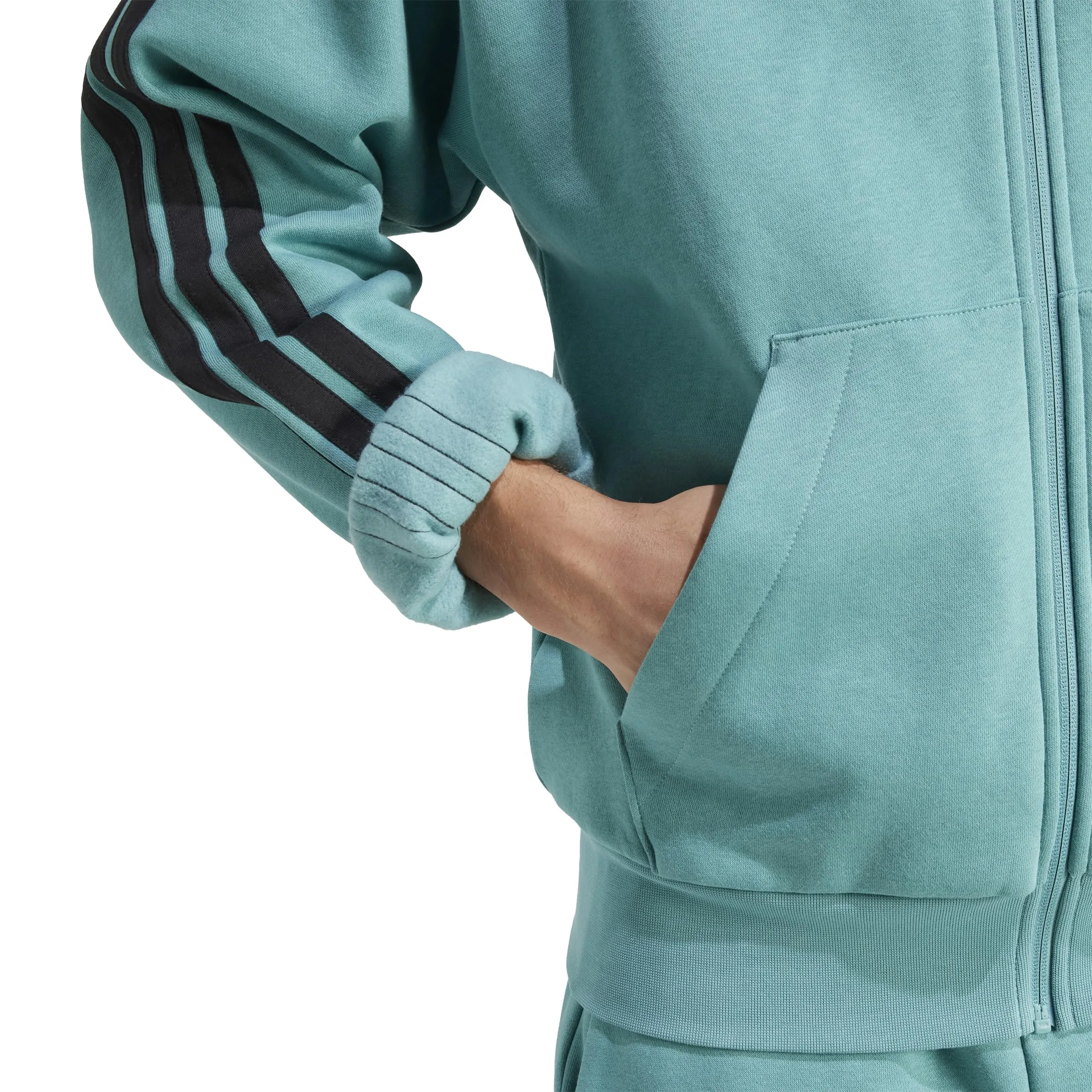 Adidas Uomo Essential Three Stripes Fleece Zipper Hoodie, Powder Teal/Black, L - immagine 5