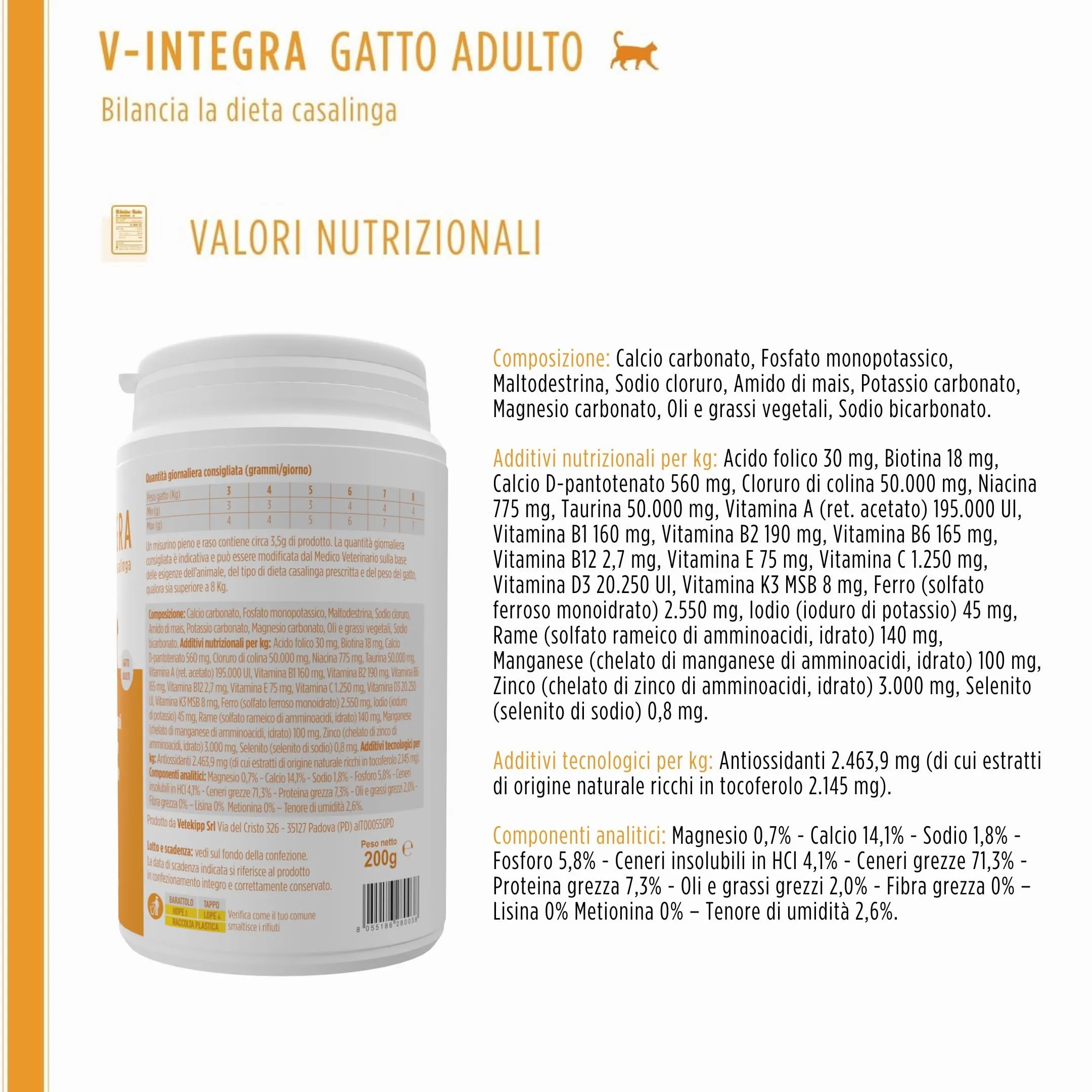 V-INTEGRA Gatto Adulto - Integratore Completo Ricco di Vitamine e Minerali, per la Dieta Casalinga di gatti adulti di tutte le età - 200g - Made in Italy - immagine 8