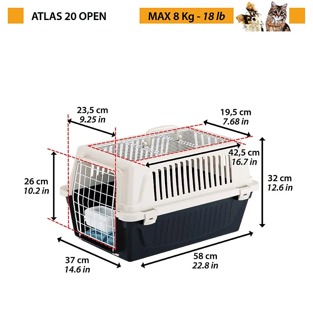 Ferplast Atlas 20 Open Trasportino Cani Piccoli e Gatti Max 8 Kg, Tetto Apribile, Cuscino e Ciotola Inclusi, 37 x 58 x h 32 cm - immagine 3