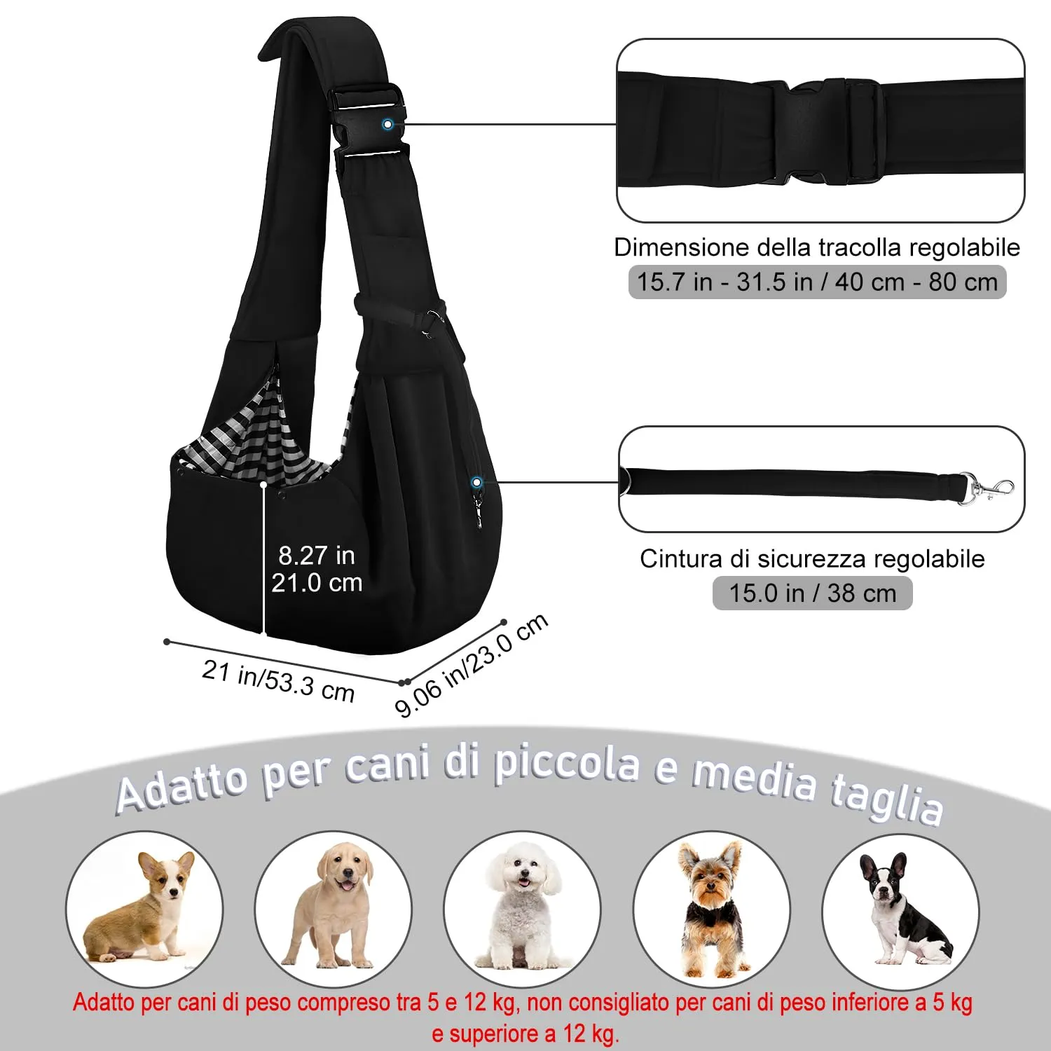 PETLOFT Reversibile Borsa Trasportino Zaino, Borsa da Trasporto per Cani Piccoli, Adjustable Borsa a Tracolla, Cross-Body Pet Sling Carrier con Gancio per Collare per Cane/Gatto Fino a 4.5kg - immagine 2