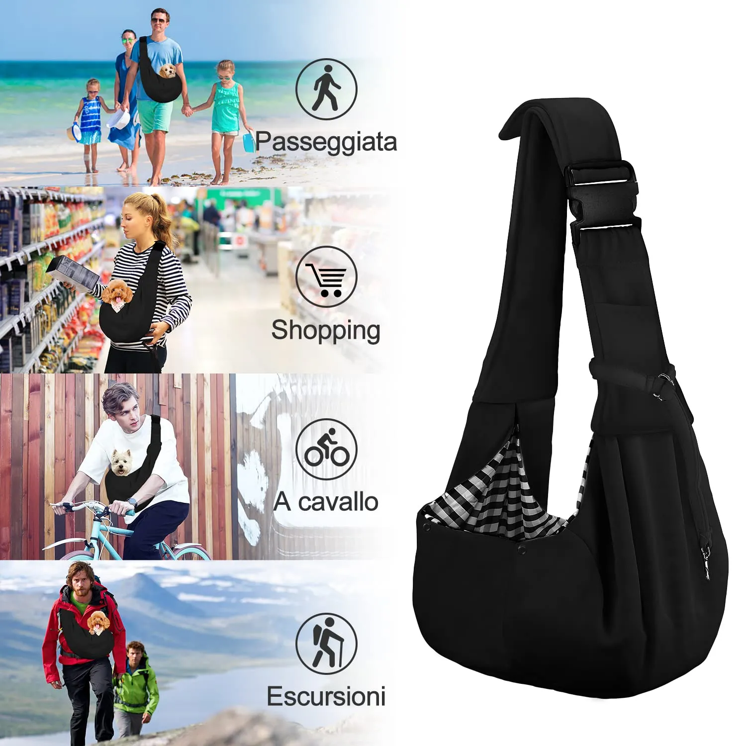 PETLOFT Reversibile Borsa Trasportino Zaino, Borsa da Trasporto per Cani Piccoli, Adjustable Borsa a Tracolla, Cross-Body Pet Sling Carrier con Gancio per Collare per Cane/Gatto Fino a 4.5kg - immagine 7