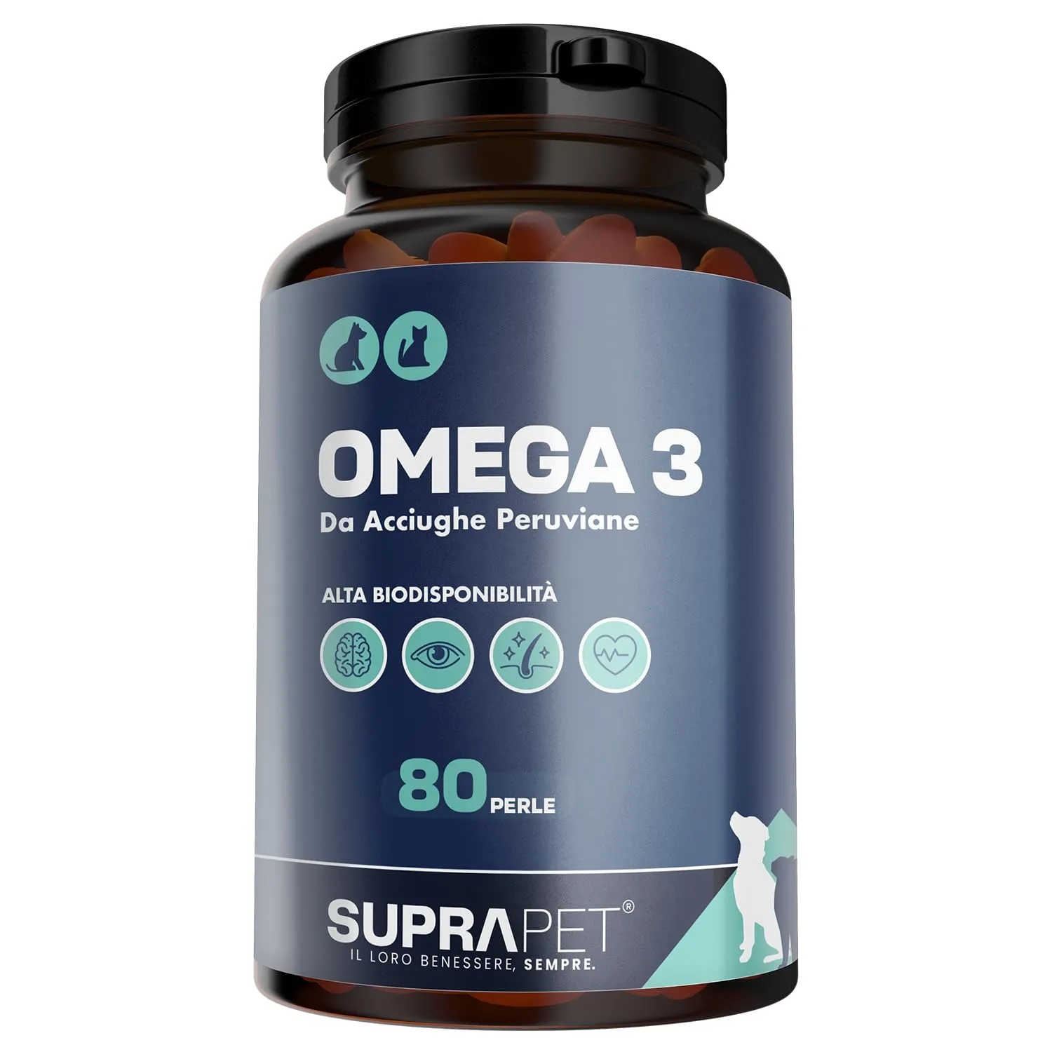 Suprapet Omega 3 per Cani e Gatti Olio di Pesce, EPA, DHA e Vitamina E 80 Perle. Mangime Complementare Naturale per Pelo e Articolazioni (80 unità (Confezione da 1)) - immagine 1