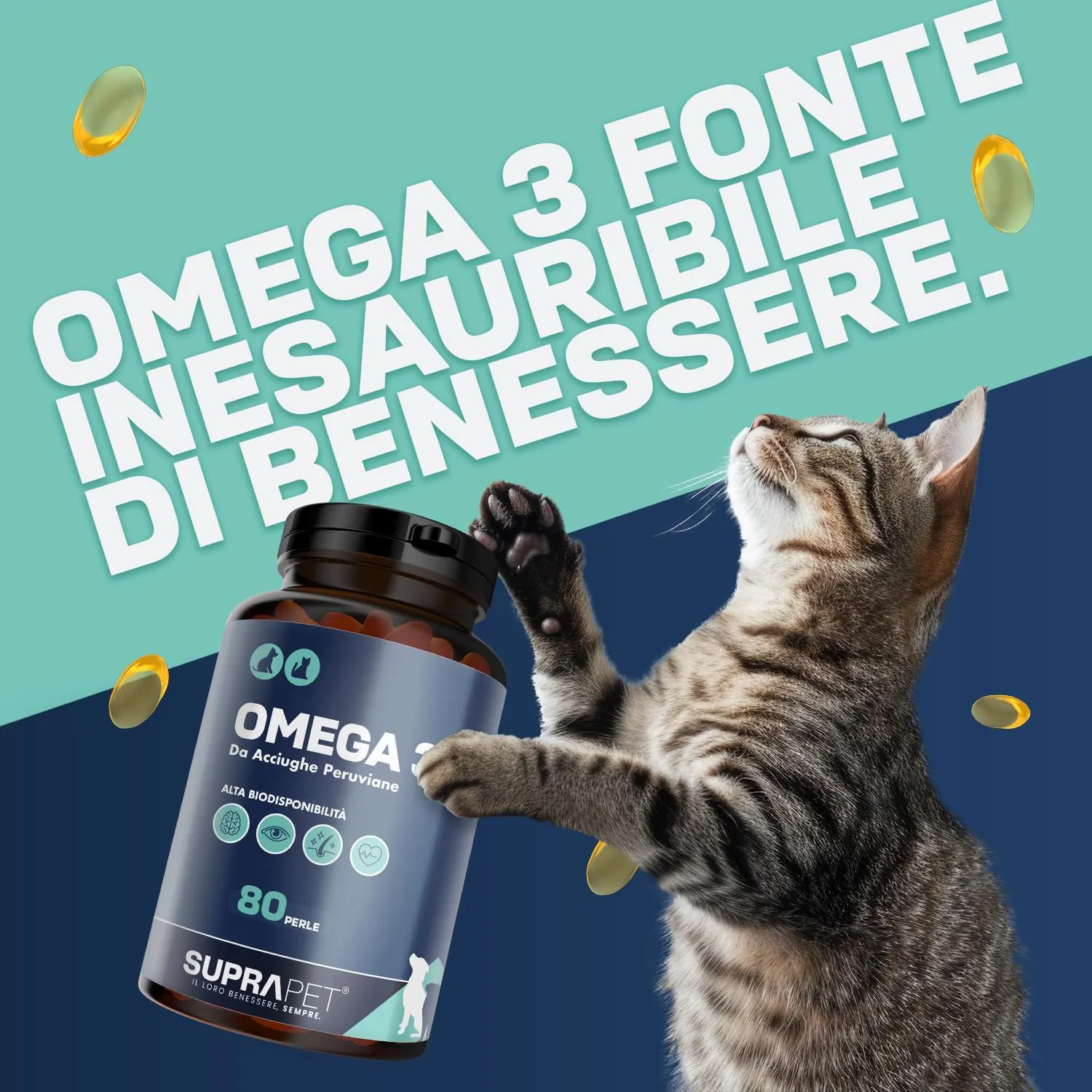 Suprapet Omega 3 per Cani e Gatti Olio di Pesce, EPA, DHA e Vitamina E 80 Perle. Mangime Complementare Naturale per Pelo e Articolazioni (80 unità (Confezione da 1)) - immagine 2