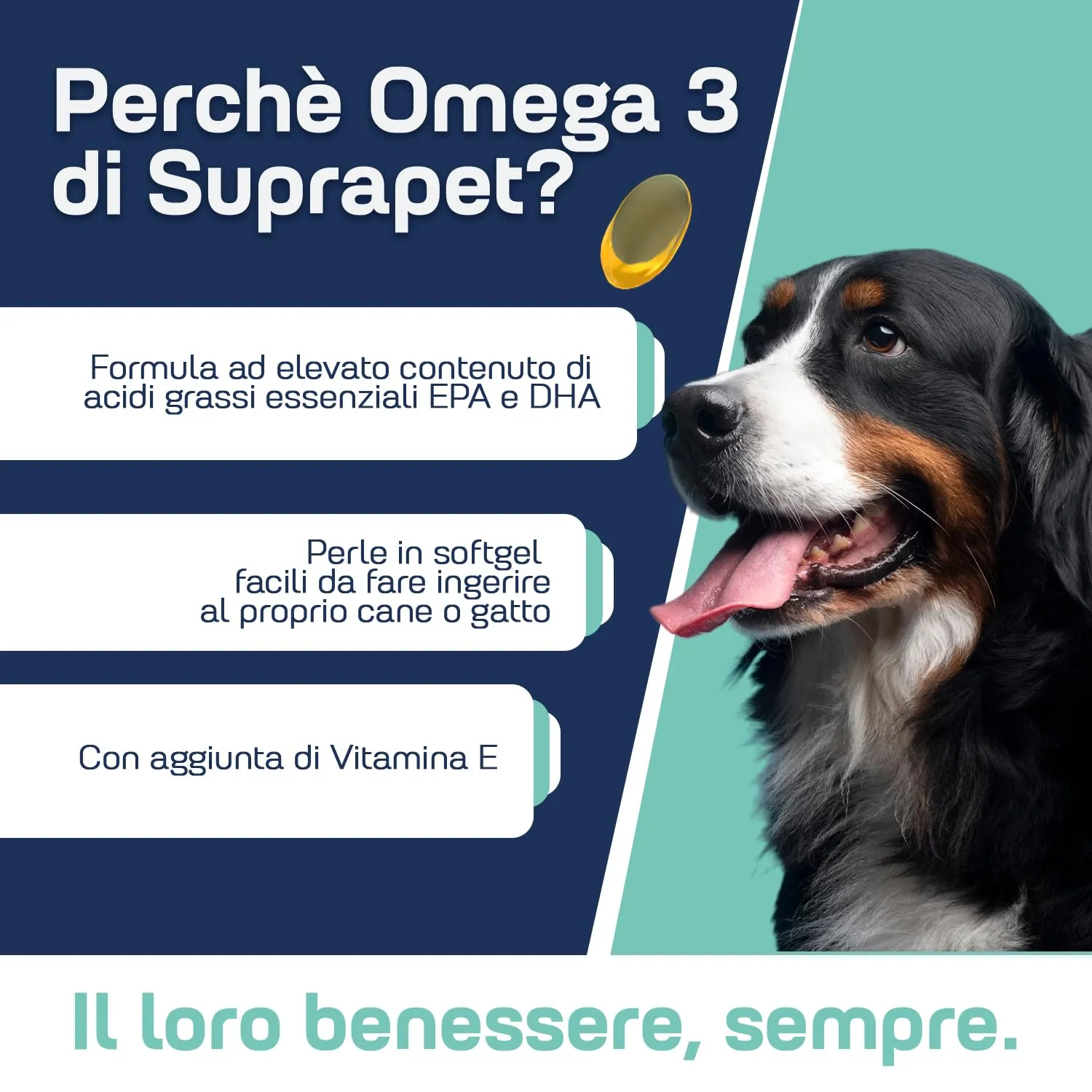 Suprapet Omega 3 per Cani e Gatti Olio di Pesce, EPA, DHA e Vitamina E 80 Perle. Mangime Complementare Naturale per Pelo e Articolazioni (80 unità (Confezione da 1)) - immagine 3