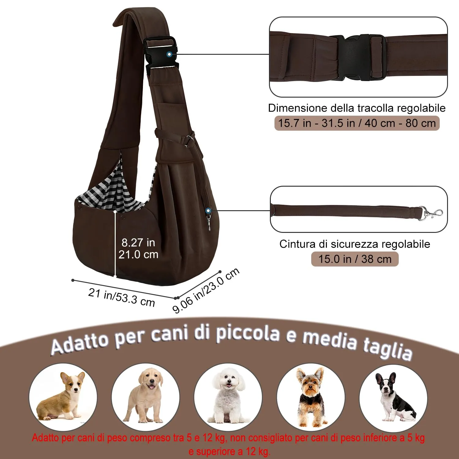 PETLOFT Reversibile Borsa Trasportino Zaino, Borsa da Trasporto per Cani Piccoli, Adjustable Borsa a Tracolla, Cross-Body Pet Sling Carrier con Gancio per Collare per Cane/Gatto Fino a 4.5kg - immagine 2
