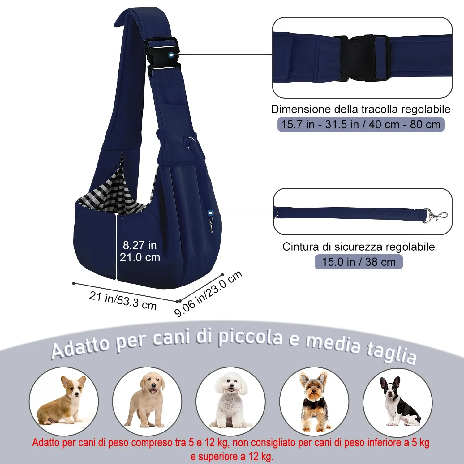 PETLOFT Reversibile Borsa Trasportino Zaino, Borsa da Trasporto per Cani Piccoli, Adjustable Borsa a Tracolla, Cross-Body Pet Sling Carrier con Gancio per Collare per Cane/Gatto Fino a 4.5kg - immagine 2