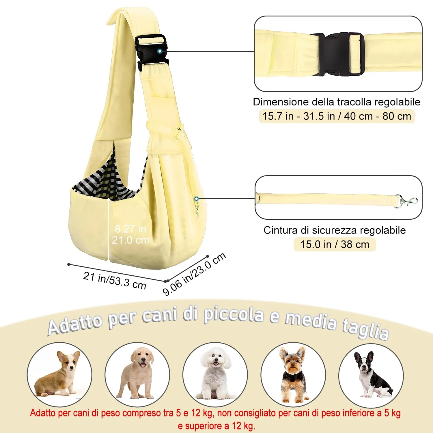 PETLOFT Reversibile Borsa Trasportino Zaino, Borsa da Trasporto per Cani Piccoli, Adjustable Borsa a Tracolla, Cross-Body Pet Sling Carrier con Gancio per Collare per Cane/Gatto Fino a 4.5kg - immagine 2
