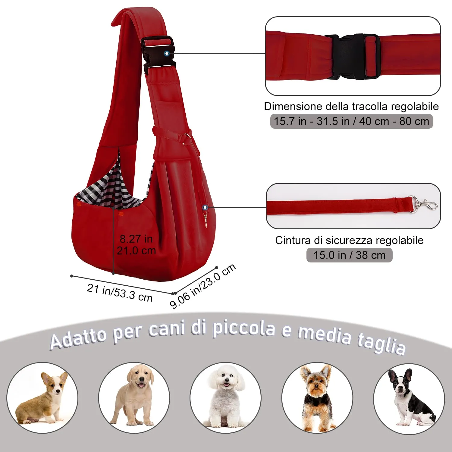 PETLOFT Reversibile Borsa Trasportino Zaino, Borsa da Trasporto per Cani Piccoli, Adjustable Borsa a Tracolla, Cross-Body Pet Sling Carrier con Gancio per Collare per Cane/Gatto Fino a 4.5kg - immagine 2