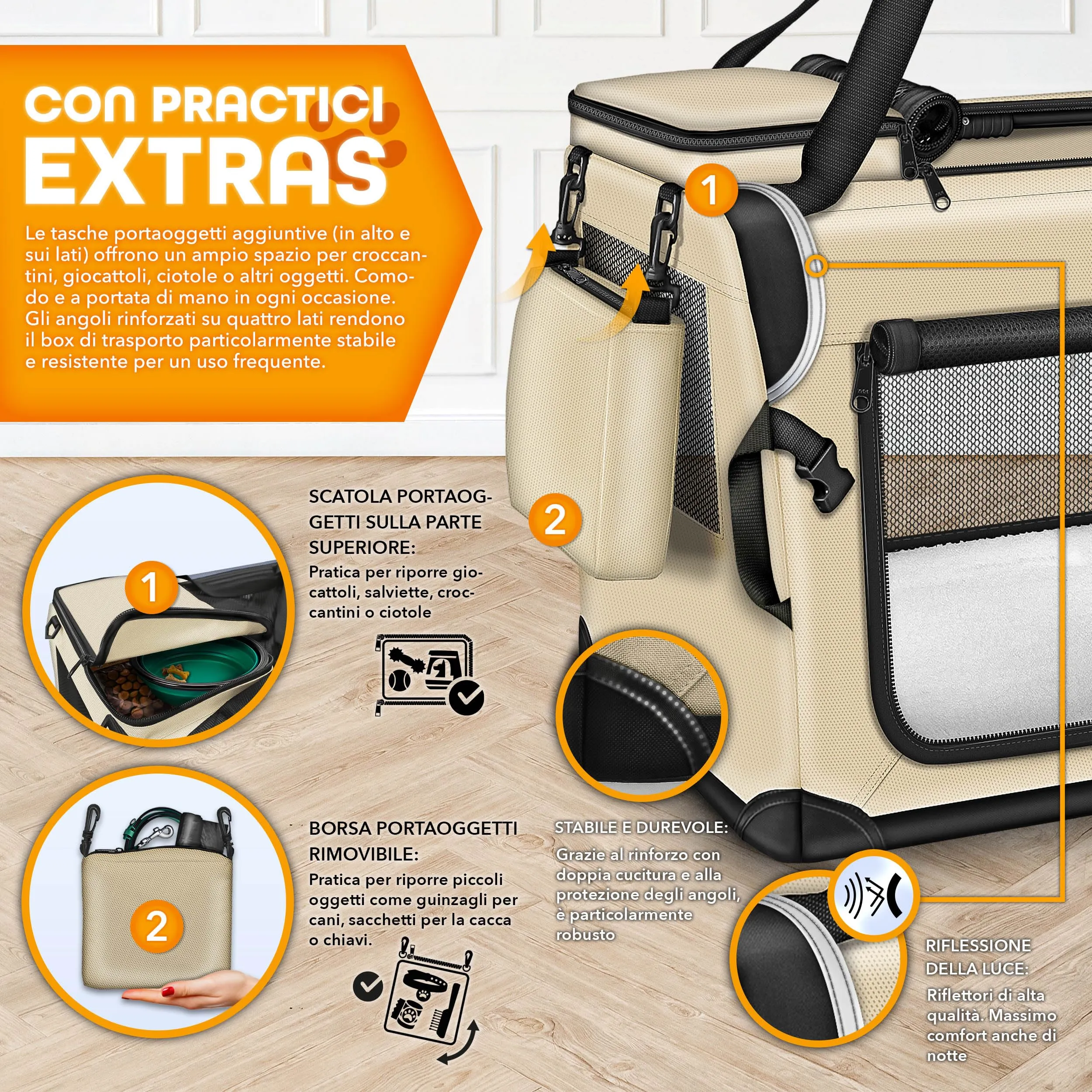 TRESKO Box Pieghevole per Cani e Gatti XL 83 x 58 x 58 cm | Trasportino Con Tappetino, Spatola e Riflettori | per Animali di Piccola e Grande Taglia - immagine 3