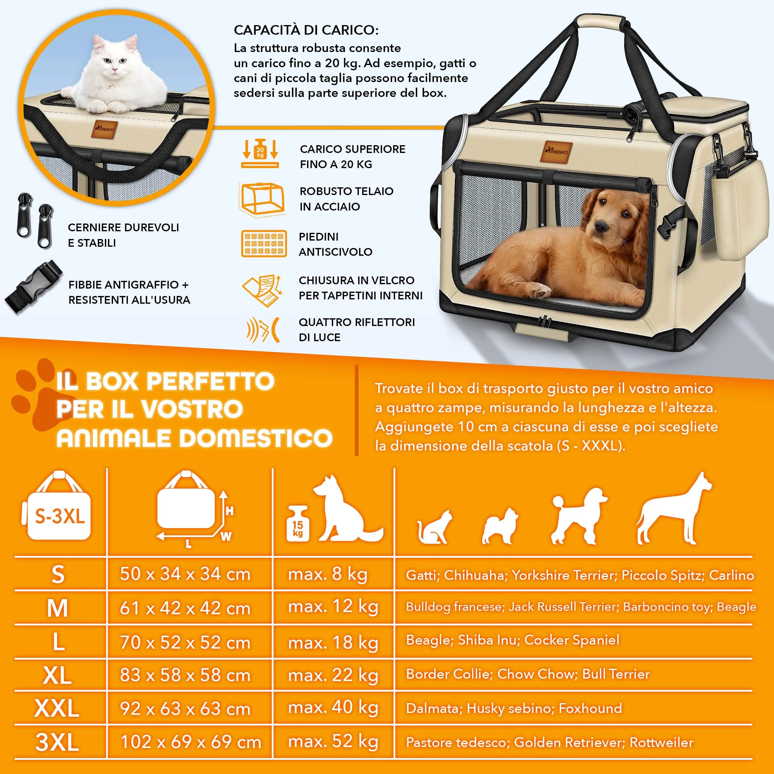 TRESKO Box Pieghevole per Cani e Gatti XL 83 x 58 x 58 cm | Trasportino Con Tappetino, Spatola e Riflettori | per Animali di Piccola e Grande Taglia - immagine 4