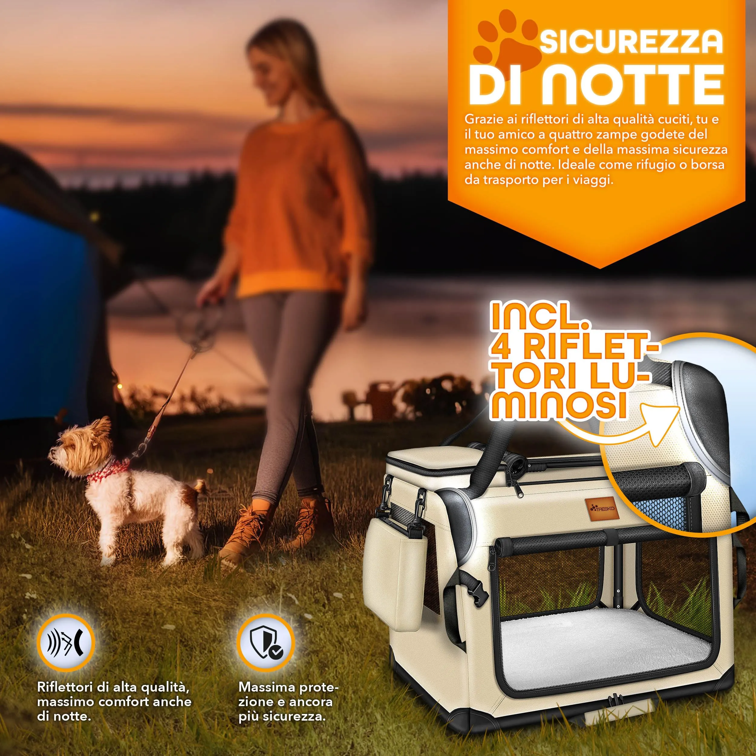 TRESKO Box Pieghevole per Cani e Gatti XL 83 x 58 x 58 cm | Trasportino Con Tappetino, Spatola e Riflettori | per Animali di Piccola e Grande Taglia - immagine 8