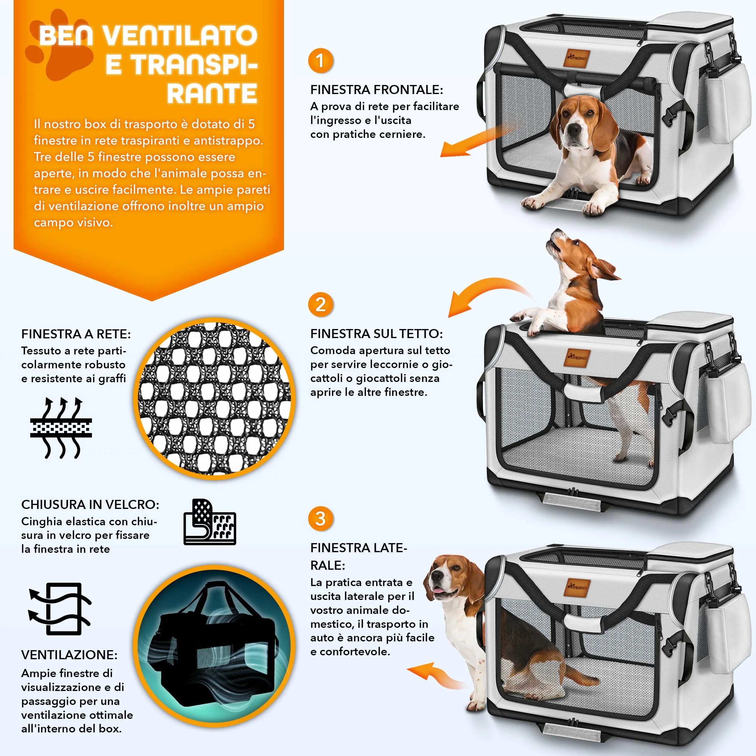 TRESKO® Box per cani pieghevole, con tappetino per mangiare e spatola, trasportino robusto per cani e gatti di piccola e grande taglia, XXXL (102 x 69 x 69 cm), grigio - immagine 5