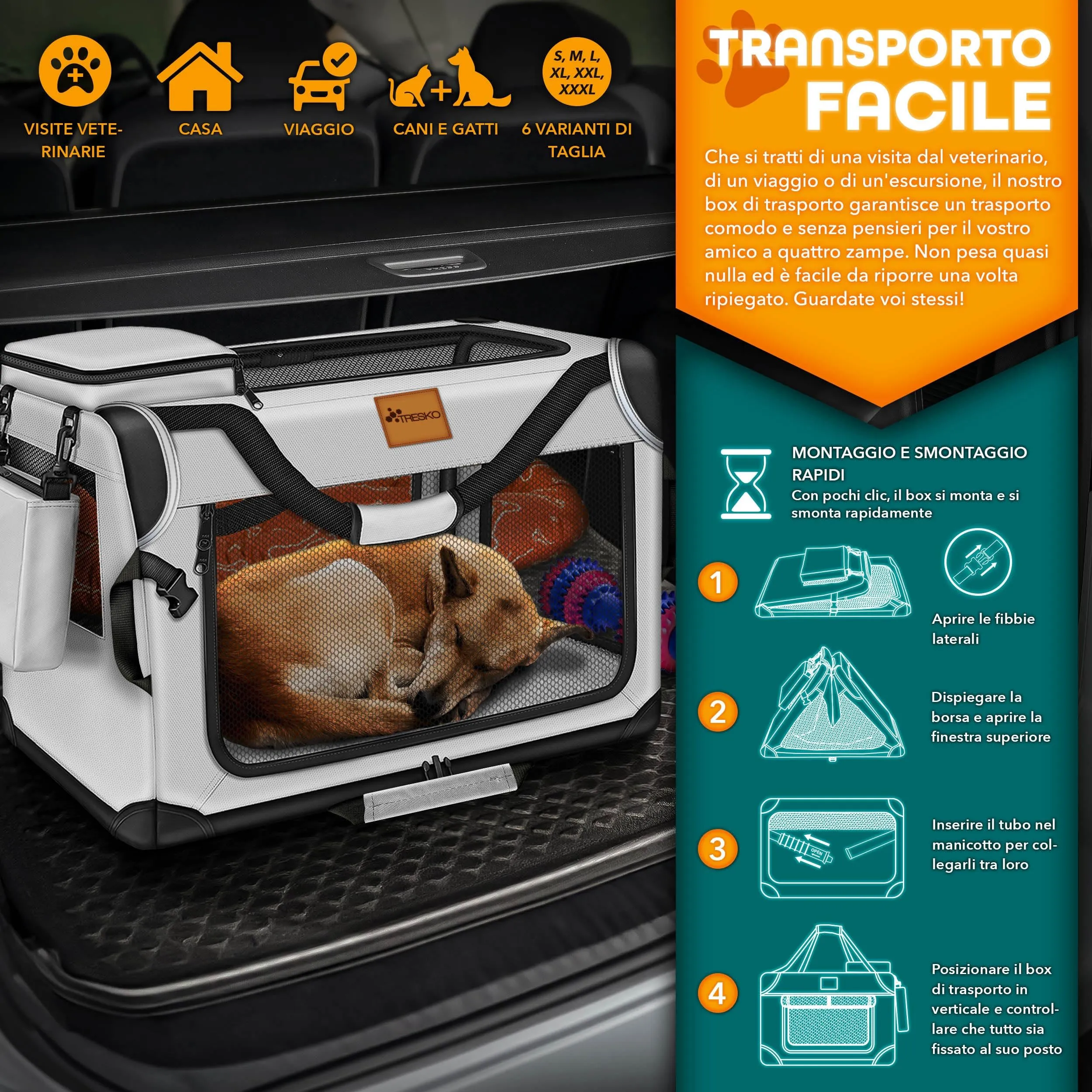 TRESKO® Box per cani pieghevole, con tappetino per mangiare e spatola, trasportino robusto per cani e gatti di piccola e grande taglia, XXXL (102 x 69 x 69 cm), grigio - immagine 7