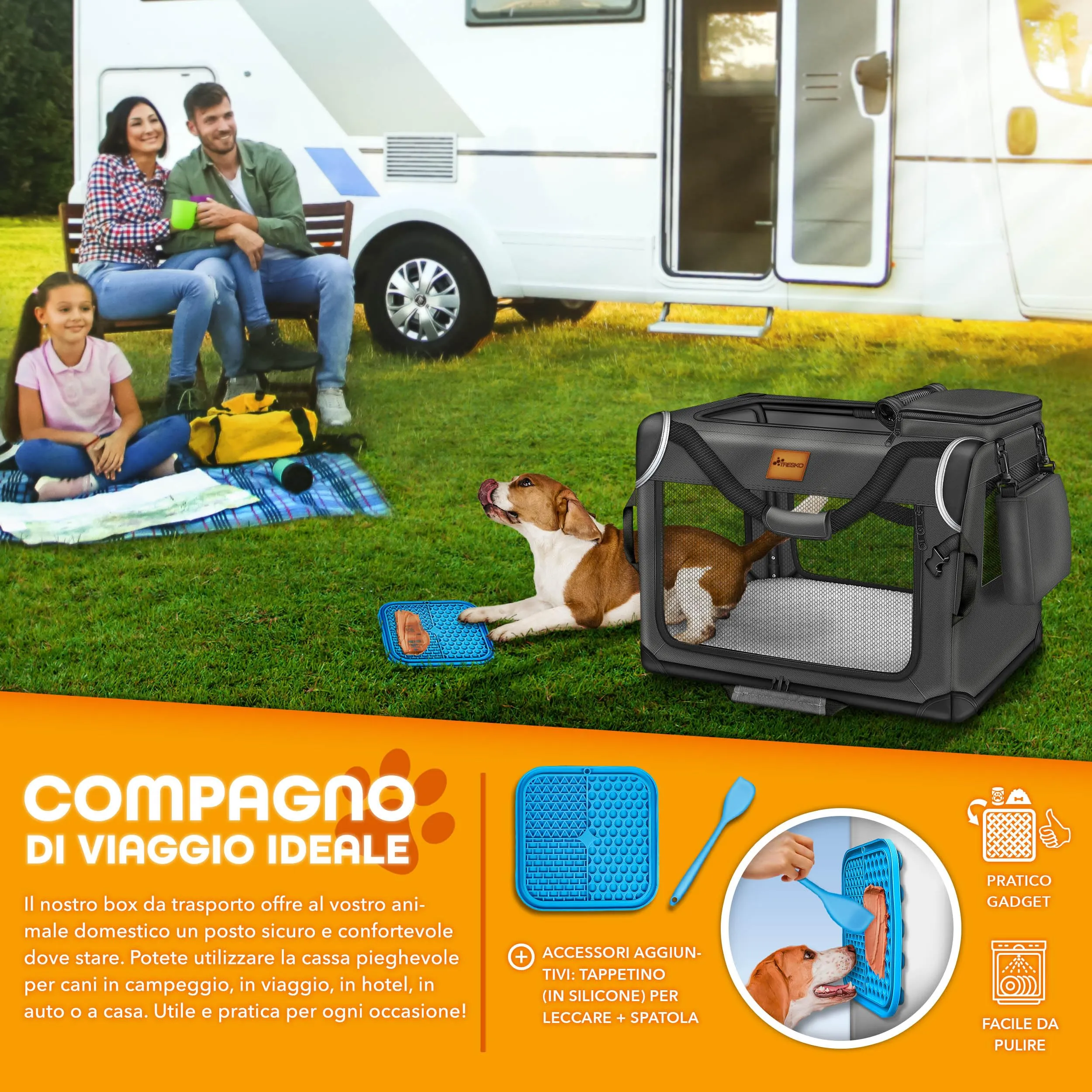 TRESKO® Box per cani pieghevole, con tappetino per mangiare e spatola, trasportino robusto per cani e gatti di piccola e grande taglia, L (70 x 52 x 52 cm), antracite - immagine 7