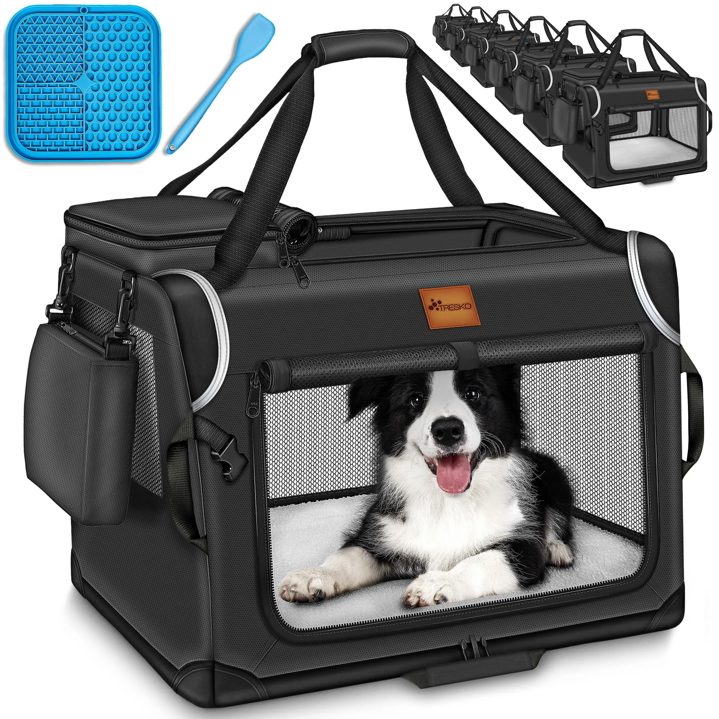 TRESKO® Box per cani pieghevole, con tappetino per mangiare e spatola, trasportino robusto per cani e gatti di piccola e grande taglia, S (50 x 34 x 34 cm), nero - immagine 1